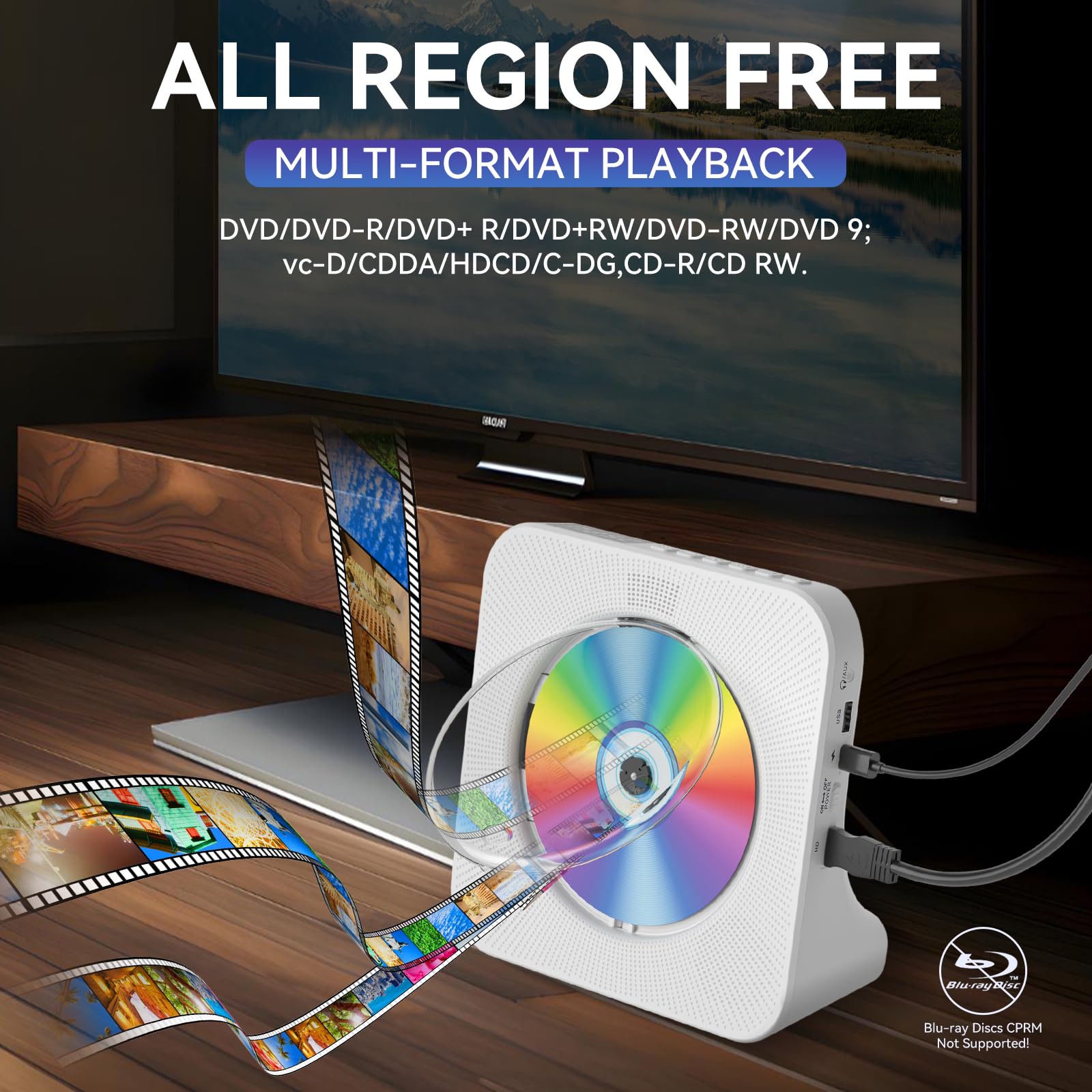 Qoosea Lettore DVD CD per TV con Bluetooth HDMI e Lettore DVD CD Desktop senza limiti di Regione con Altoparlanti Display Sveglia Radio FM Riproduzione USB Card Telecomando e Cavo HDMI(bianco)