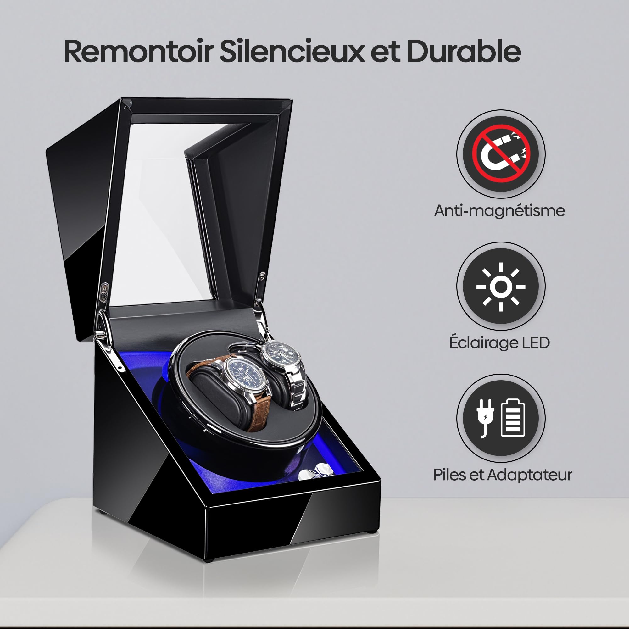 Olvy Remontoir pour 2 Montres Automatique, Boîte de Remontoir pour Montre, Watch Winder, Moteur Extrêmement Silencieux, Coussin Flexible pour Montre