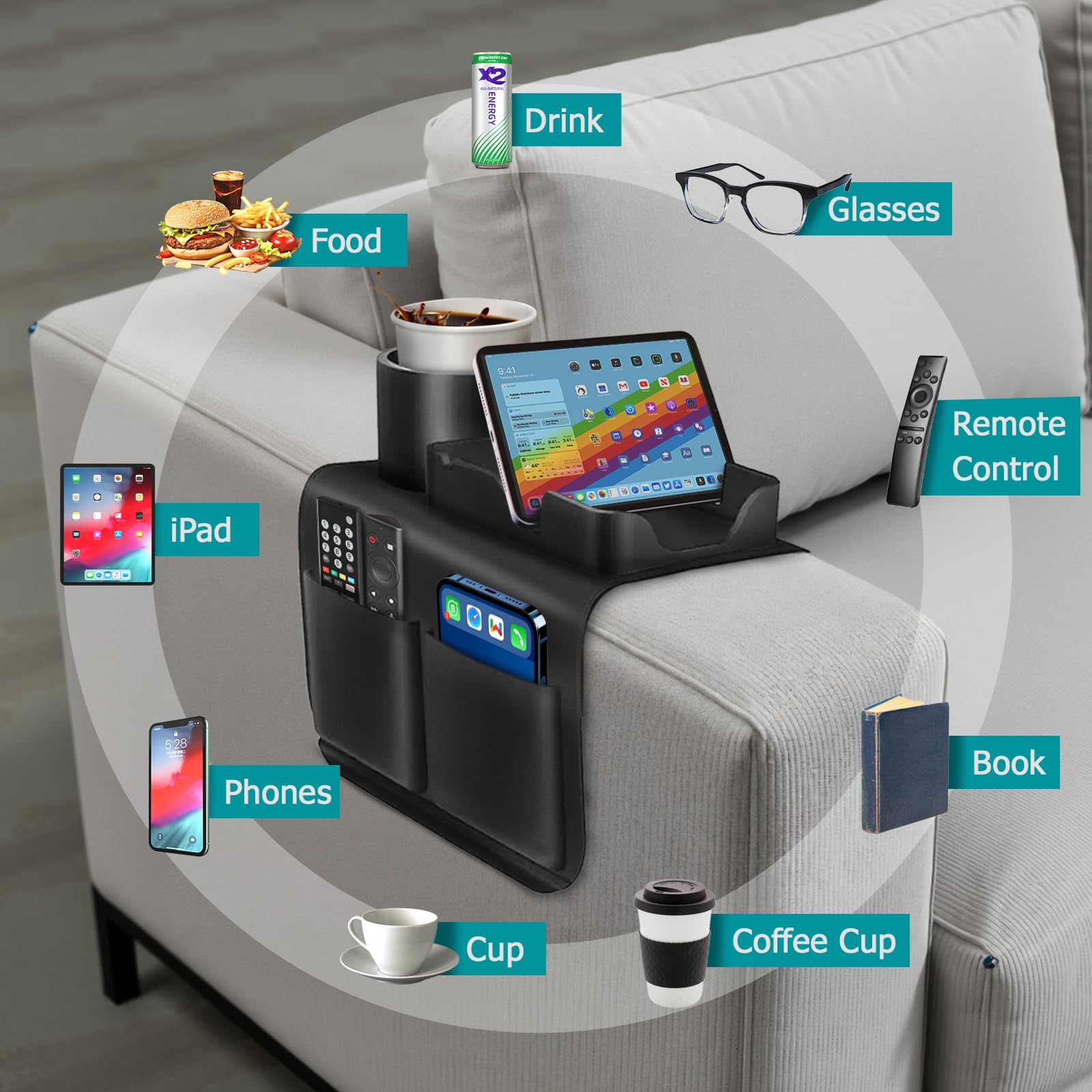 ARYOBI Couch Cup Holder – Sofa Arm Tray, Couch Console, Silicone Couch Cup Holder, Clip-On Drink Holder, Sofa Arm Table for Home, Office, Black.