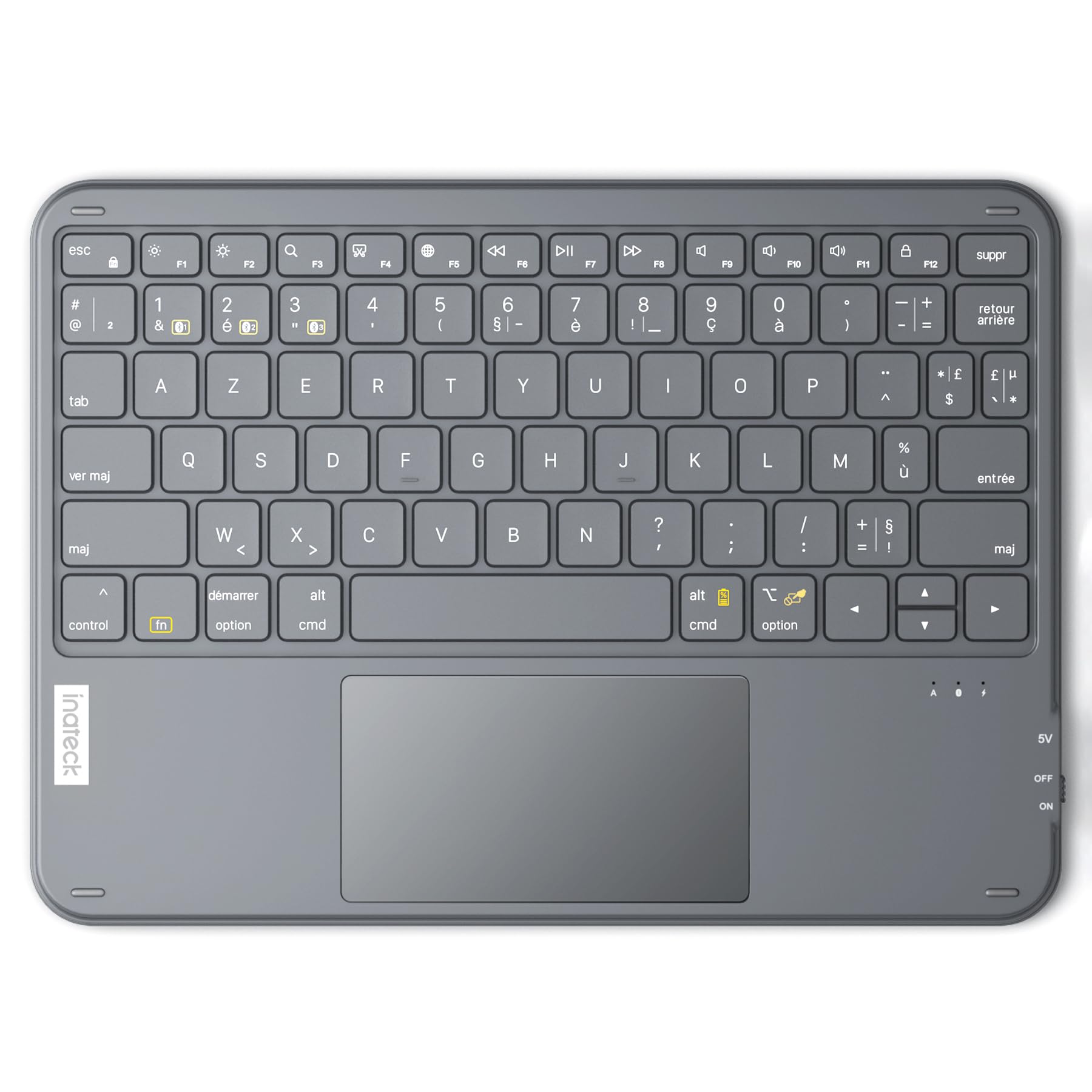 Inateck Clavier Bluetooth 3 canaux avec pavé Tactile, Clavier sans Fil AZERTY Ultra Fin et Portable, Compatible avec Windows et iPad OS, KB01105 Gris