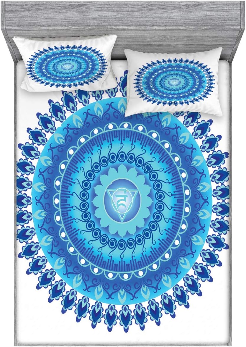 Ambesonne Blue Mandala Fitted Sheet & Pillow Sham Set, Yoga Mystic Body Science Theme, Decorative Printed 3 Piece Bedding Decor Set, Full, Aqua Navy Blue and White