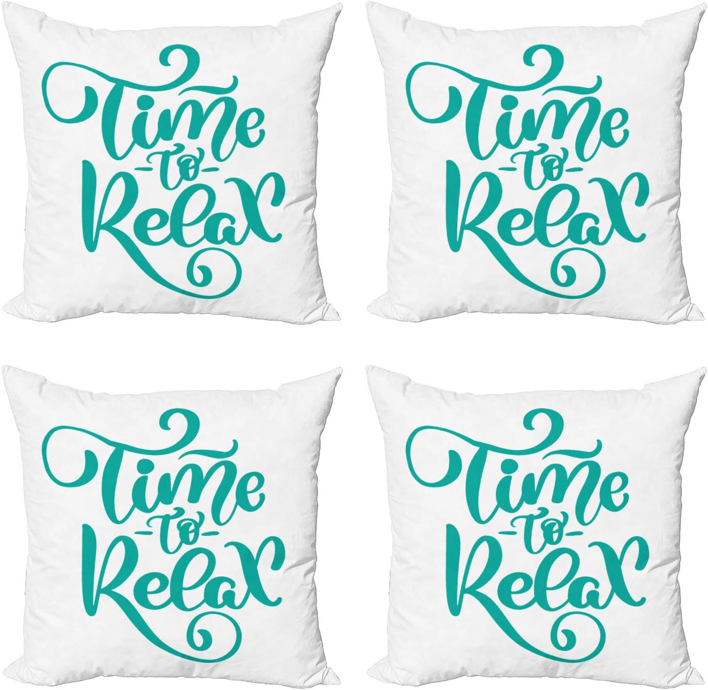 Ambesonne Saying Decorative Throw Pillow Case Pack of 4, Modern Soft Brush Calligraphy Time to Relax Hand-Drawn Lettering Phrase Design, Cushion Cover for Couch Living Room Car, 24", Teal and White