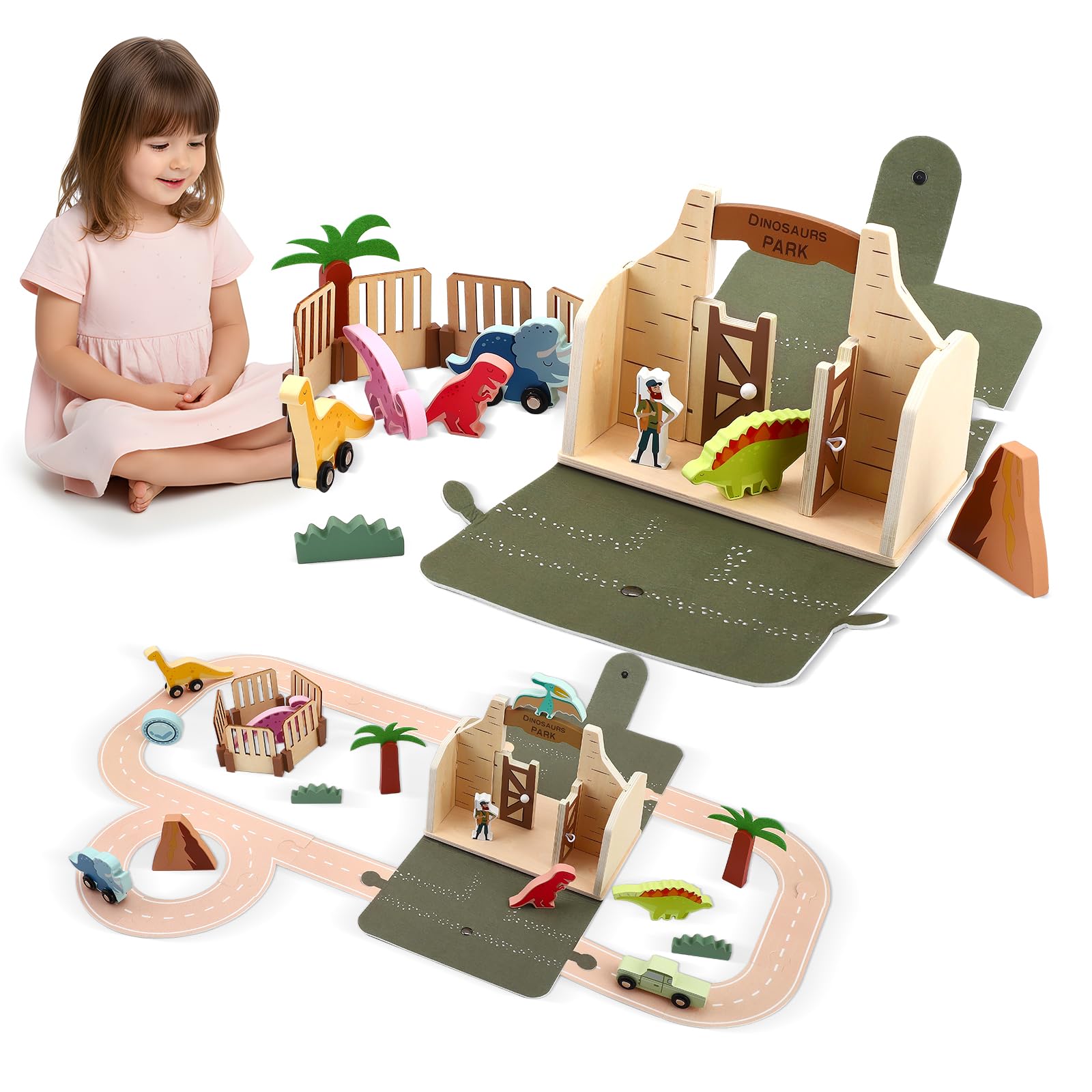 33Pcs Dinosaur Park Animal Toys, Wooden Barn for Kids 3+ Years Old, Educational Toy for Kid Children, Animal Figurines for Boys Girls, Dinosaur Lovers, Gift for Kids Toddlers Age 3 4 5 6 7 Year Old
