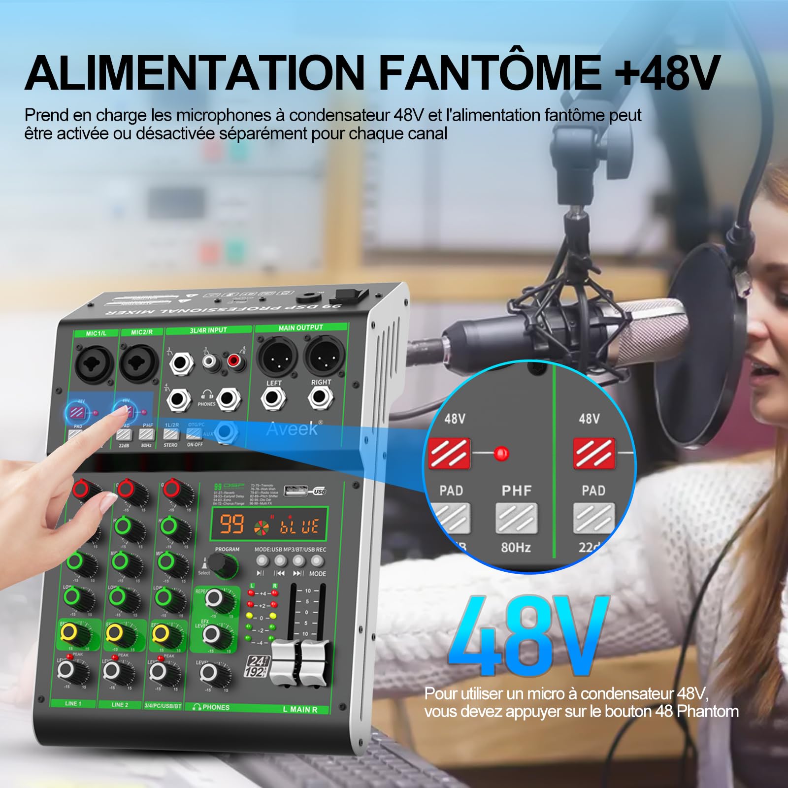 Aveek Audio Mixer,Table de Mixage Professionnelle avec USB/Bluetooth,4 Canaux D'entrée Stéréo DJ Mixer,48V Phantom Power 99 DSP Effect pour Pc Recording Studio Streaming