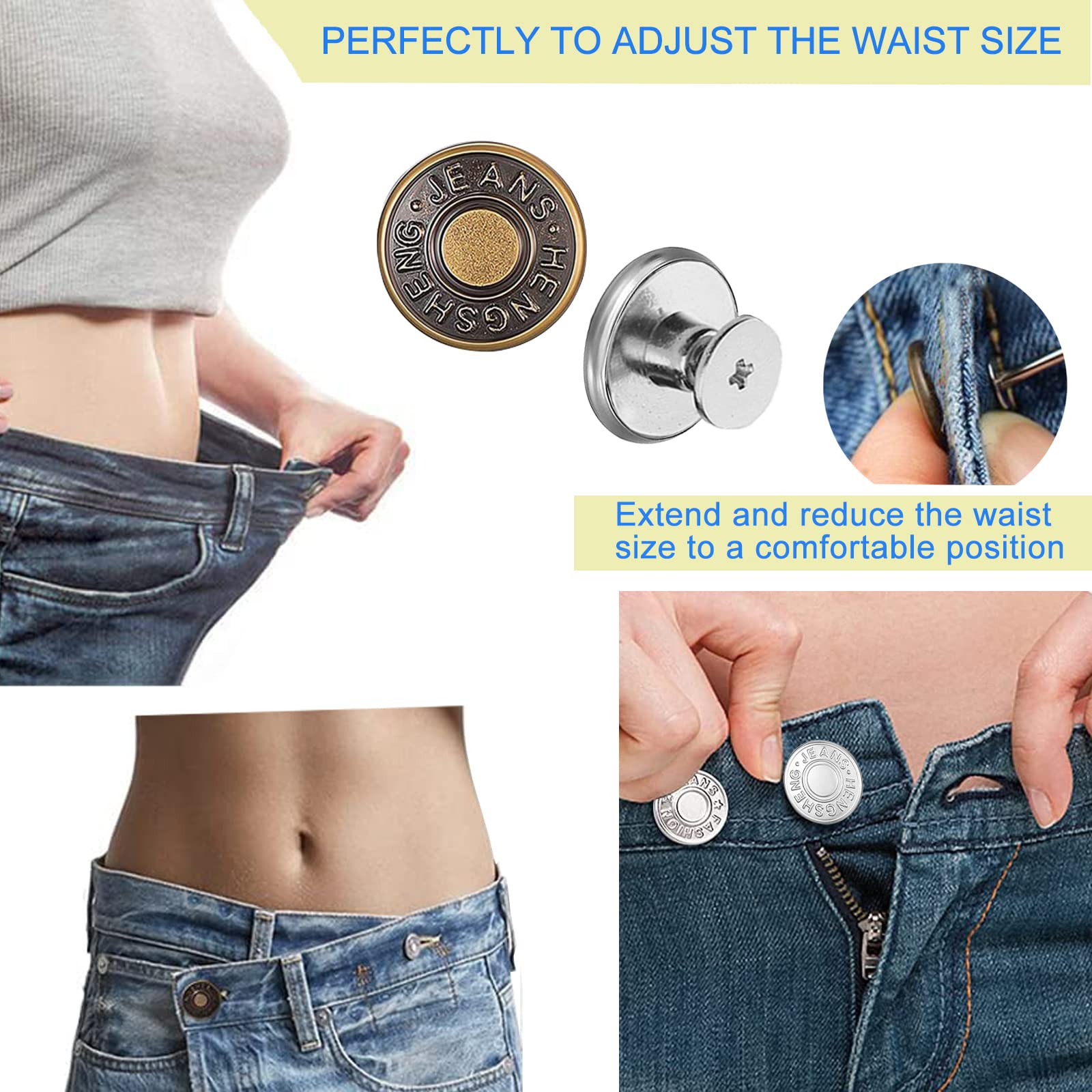 YYJ HOME Botones de mezclilla para jeans sueltos, pines de botón para jeans, botones instantáneos de 17 mm, sin costura, kit de reparación de botones extraíbles con remaches y destornillador, 12