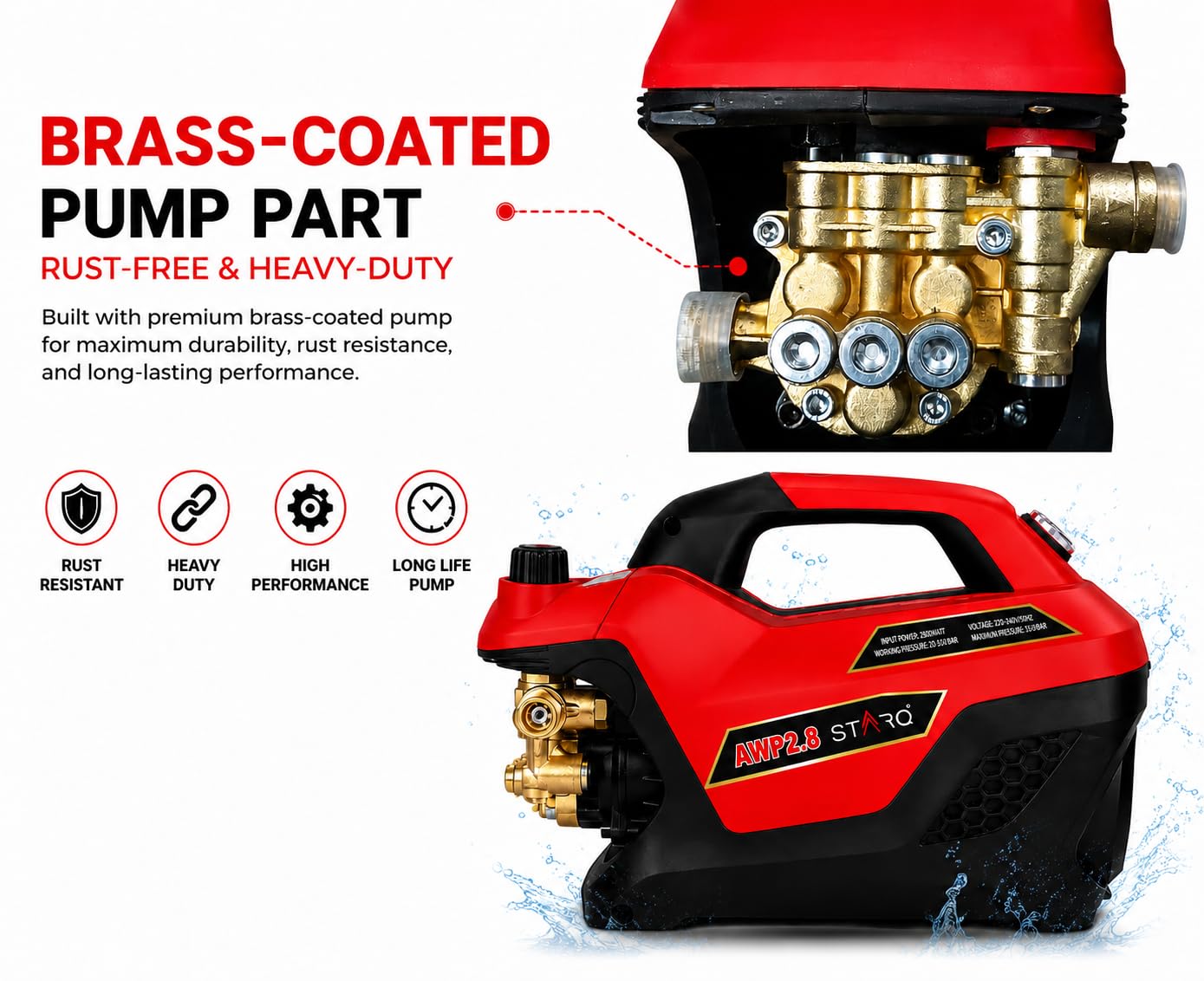 STARQ AWP 2.8 High Pressure Washer 2800W, 350 Bar, 12L/Min Flow, 8M Hose Pipe, Portable Car, Bike & Home Cleaner with Pressure Control Knob
