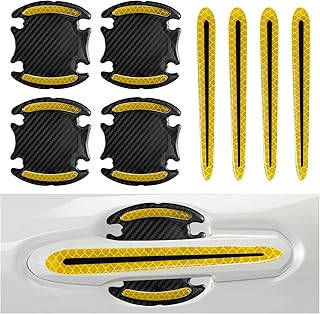 wuyaoyao 8PCS Reflective Car Door Handle Protector, Carbon Fiber Auto Door Handle Bowl Sticker, Anti-Scratch Bumper Guard Sticker for Vehicle Doors Handles Cup Paint & Rear View Mirror (Yellow)