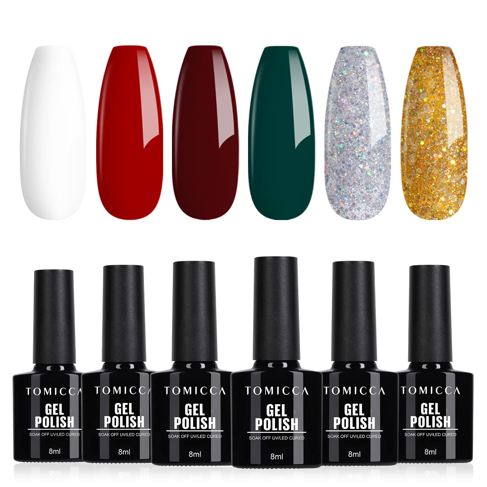 TOMICCA UV Gel Nagellack Weihnachten Set, 6 Farben Rot Grün Weißer Glitzer Nagellack, Soak-Off UV/LED Gel Geschenk für Nagelstudio DIY Home, 8ML