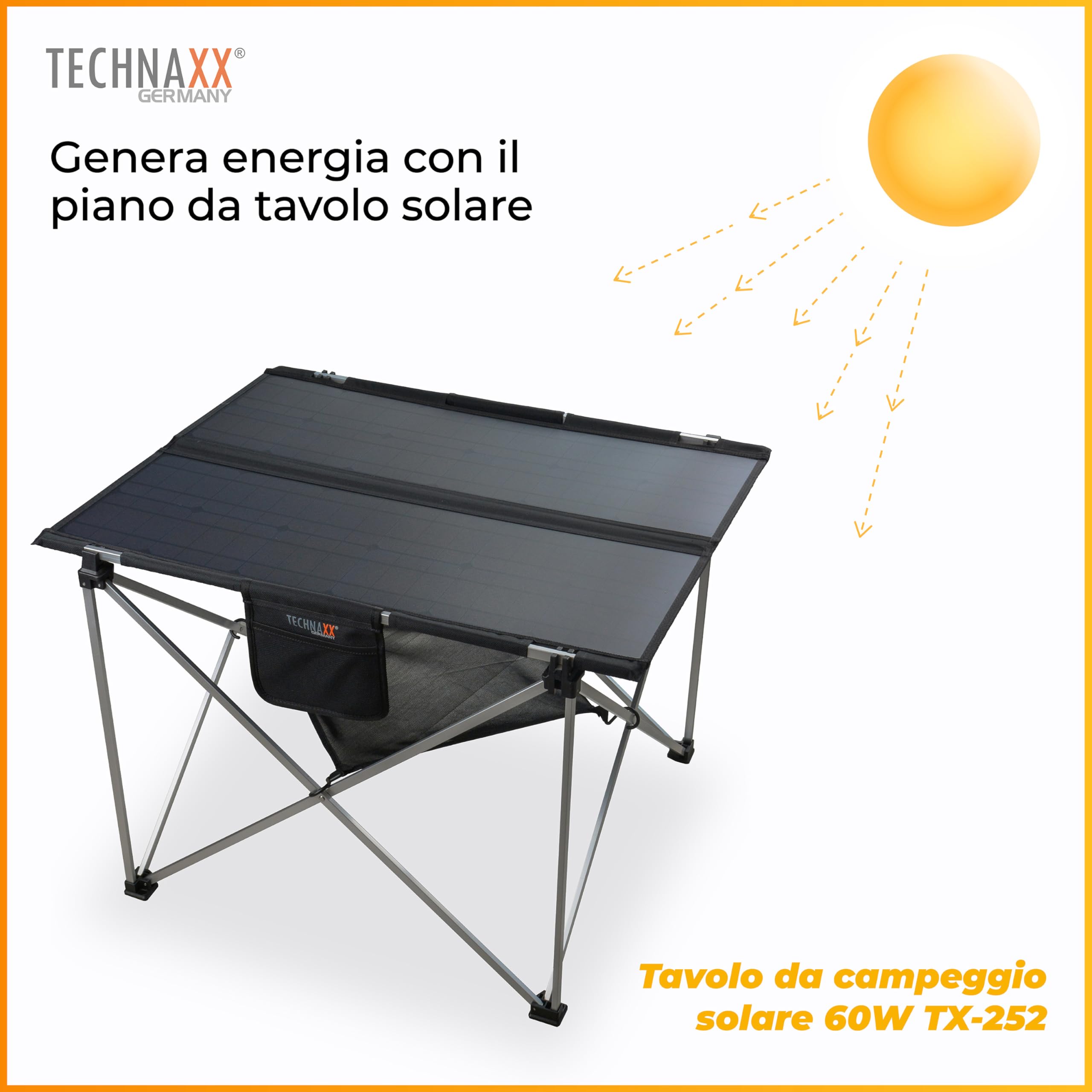 Technaxx TX-252, tavolo solare da campeggio pieghevole da 60W, pannello solare monocristallino con 3x porte USB, uscita DC e design robusto - perfetto per il campeggio e le attività all'aria aperta