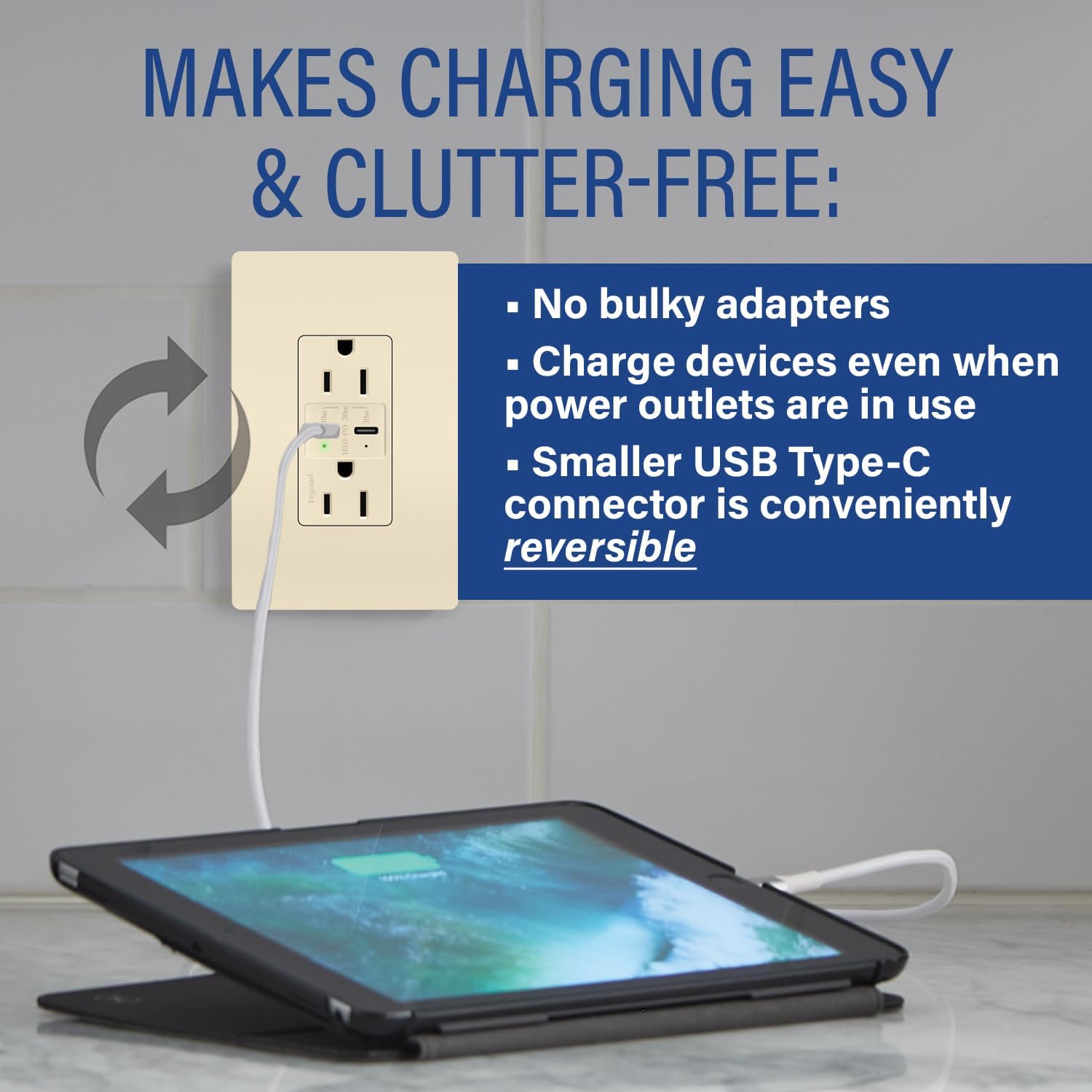 Legrand radiant R26USBPDLA 15 Amp Tamper-Resistant Decorator Duplex Receptacle Outlet with Ultra Fast USB C/C 6.0A Charging Ports PLUS 30W Power Delivery, Light Almond (1 Count)