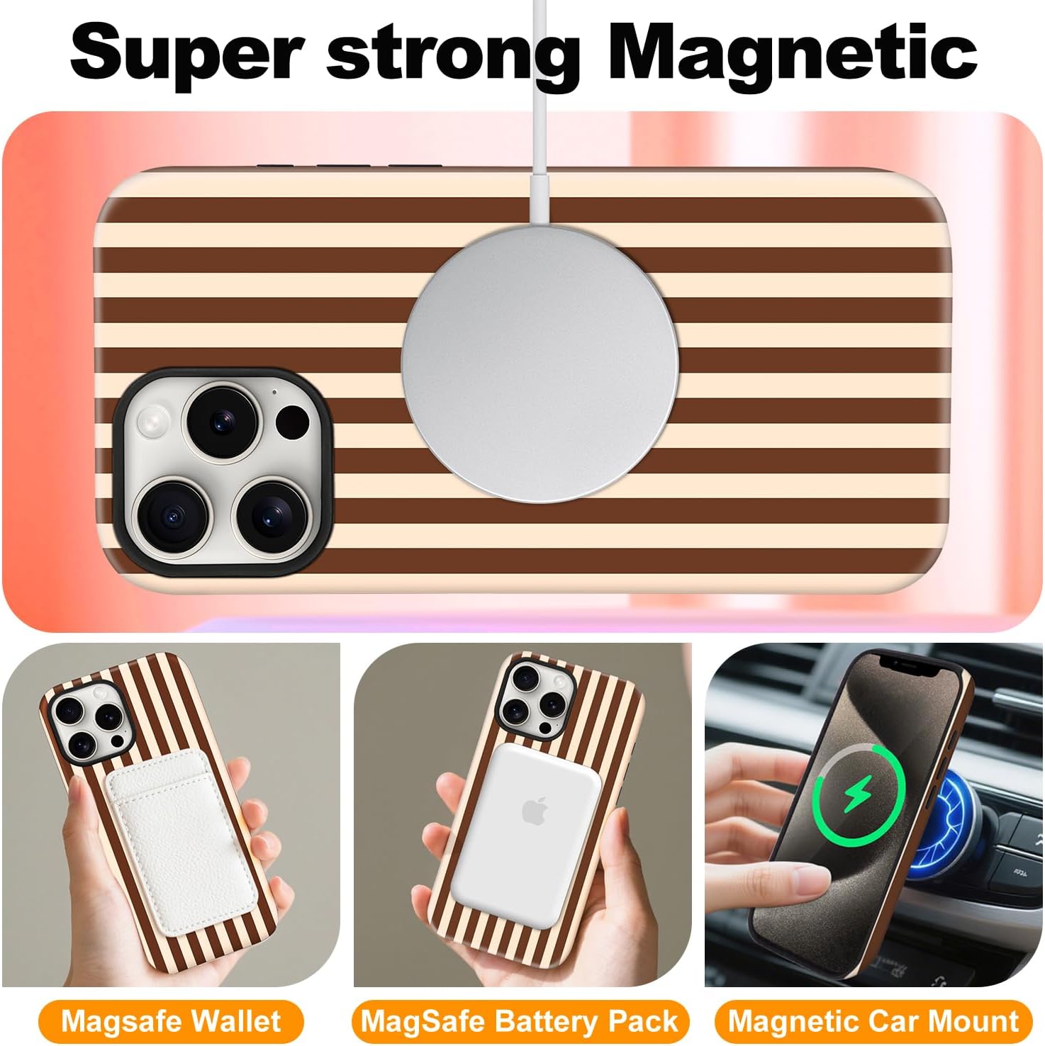Magnetic for iPhone 11 Case Cute Stripes Phone Case, Shockproof Slim TPU and Hard PC Protective Phone Cover Compatible with MagSafe Designed for Women Girls, Brown thumbnail