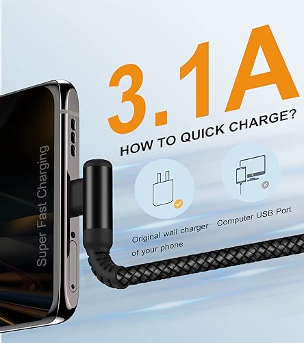 Miniatura 2 de Cable USB C en ángulo recto 2 unidades, 10 pies + 10 pies, cable de carga USB tipo C para iPhone 15 Pro Max Plus, Samsung Galaxy S24 S23 S22 S21 S10