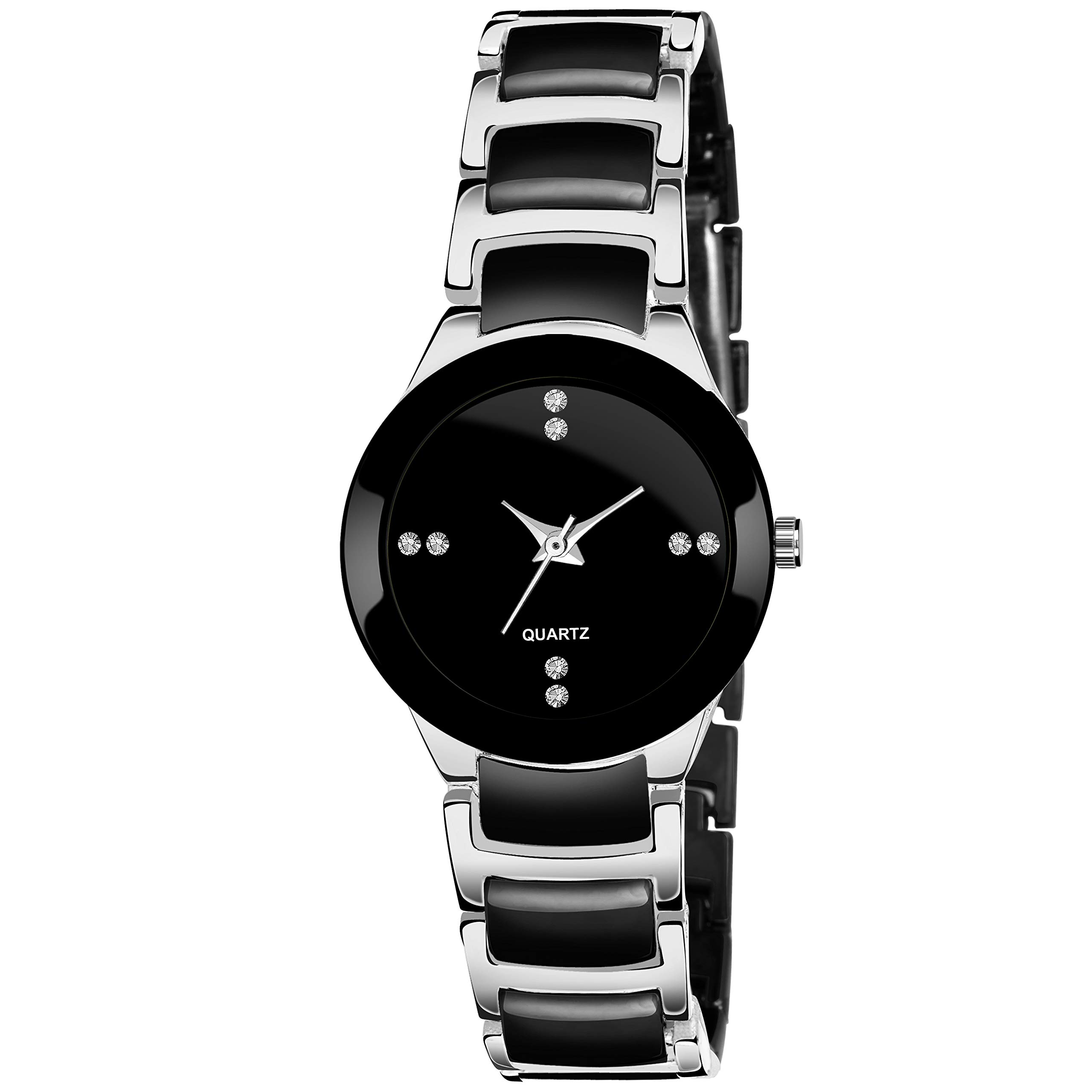Talgo Analogue Tremedous Round Black Dial Latest Generation Stainless Steel Linked Chain Black and Silver Strap Stylish Wrist Watch for Women and Girls, Pack of 1 - IIKSLWMN