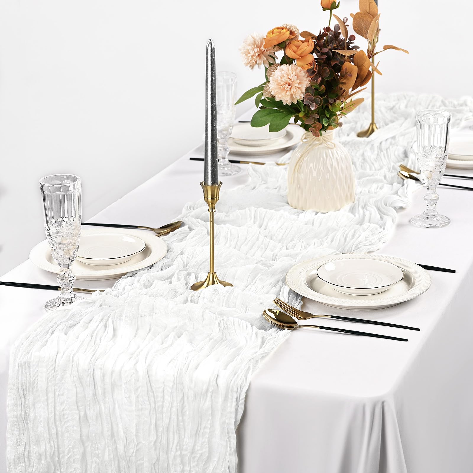 Eviznbou Tischläufer Weiß 2er Set - 90x300cm Gaze-Stoff Für Hochzeit & Deko