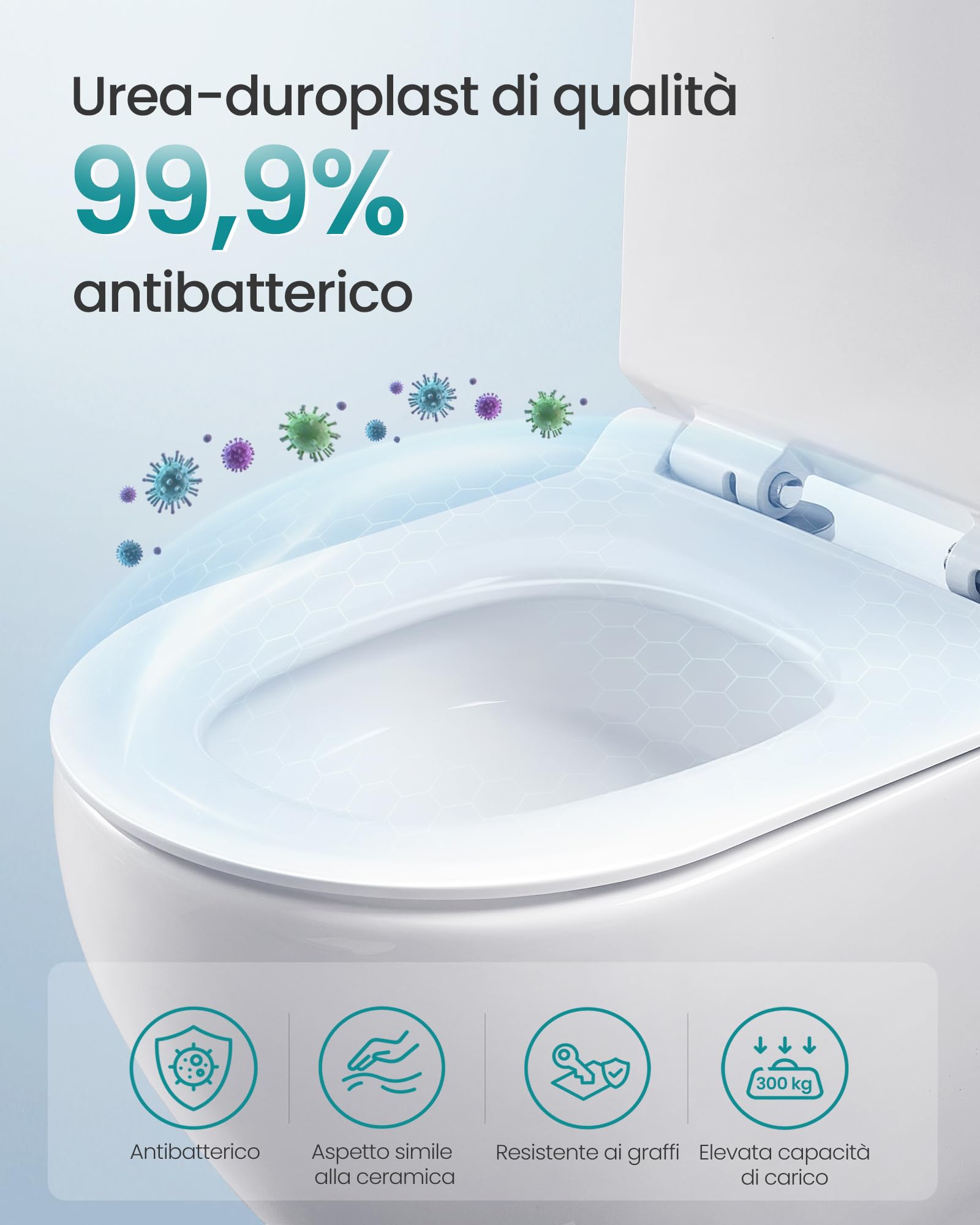 SONGMICS Sedile WC a Forma di D Lungo, Copriwater a Chiusura Rallentata, Sgancio Rapido, Asse WC Universale Facile da Montare, Sedile Water in Urea-duroplast, Regge 300 kg, Bianco BTL102WZ01