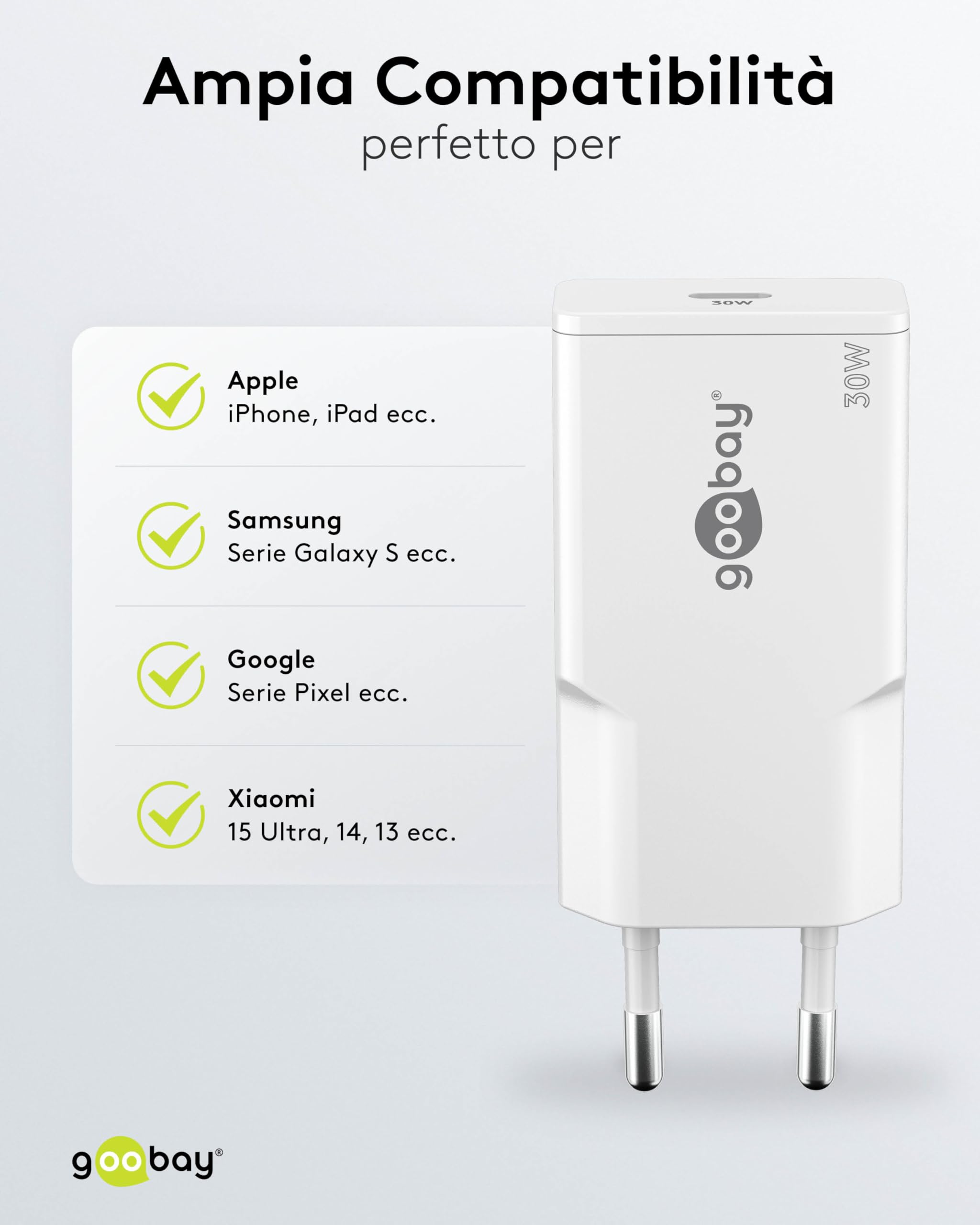 goobay Caricatore USB C GaN da 30W, adattatore di alimentazione super sottile con Power Delivery, per MacBook Air, iPhone, Samsung Galaxy, iPad Pro, Pixel - bianco - 75736