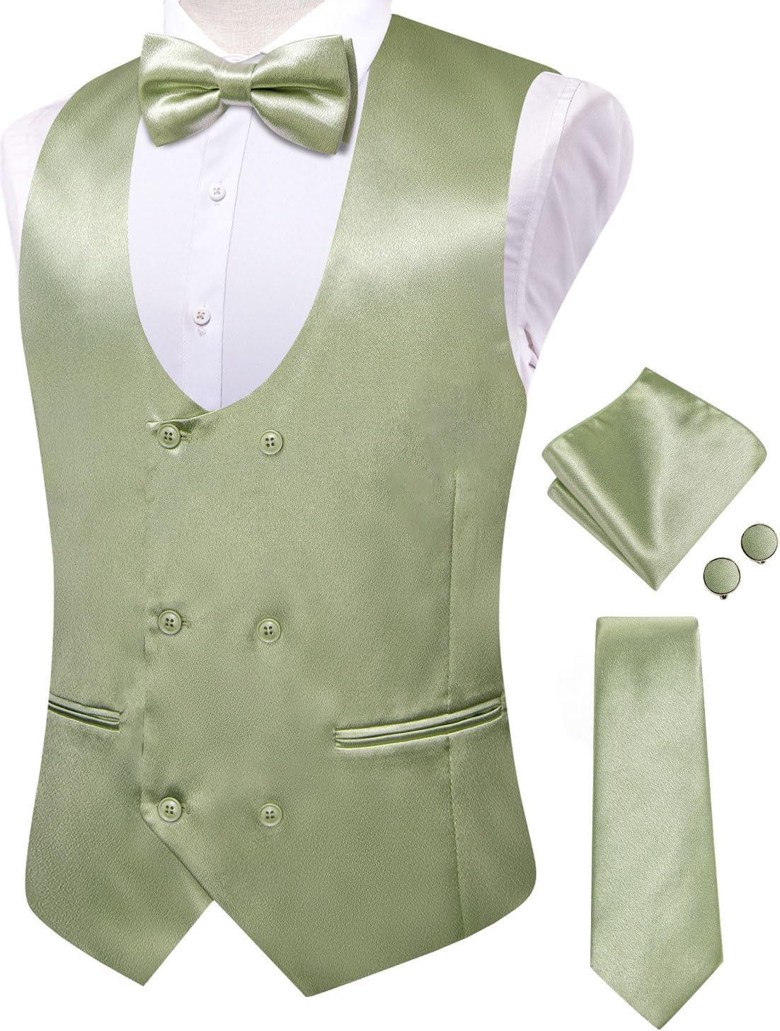 Hi-Tie Mens Satin Suit Vest for Men Silk Double Breasted Formal Suit Vest Pretied Bowtie Tie Handkerchief Cufflinks