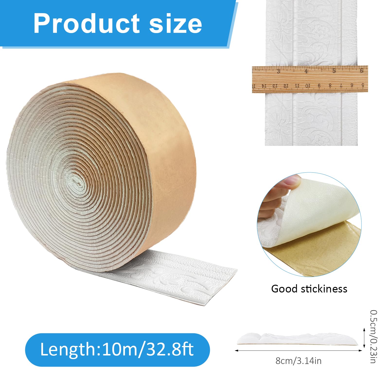 Molduras de estuco para techo autoadhesivas blancas – 8 cm (ancho) x 5 mm (profundidad) x 10 m (largo) – Molduras decorativas 3D autoadhesivas, molduras de estuco para pared, resistente al agua