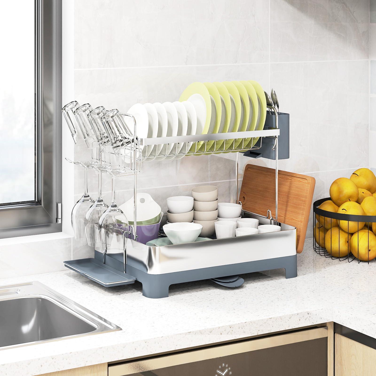 KOMFOTTEU Escurridor para Platos de Acero Inoxidable, Escurreplatos de 2 Niveles con Bandeja de Goteo, Cubo de Cubiertos, Portavasos, Estante Organizador de Cocina, 57 x 32 x 39,5 cm