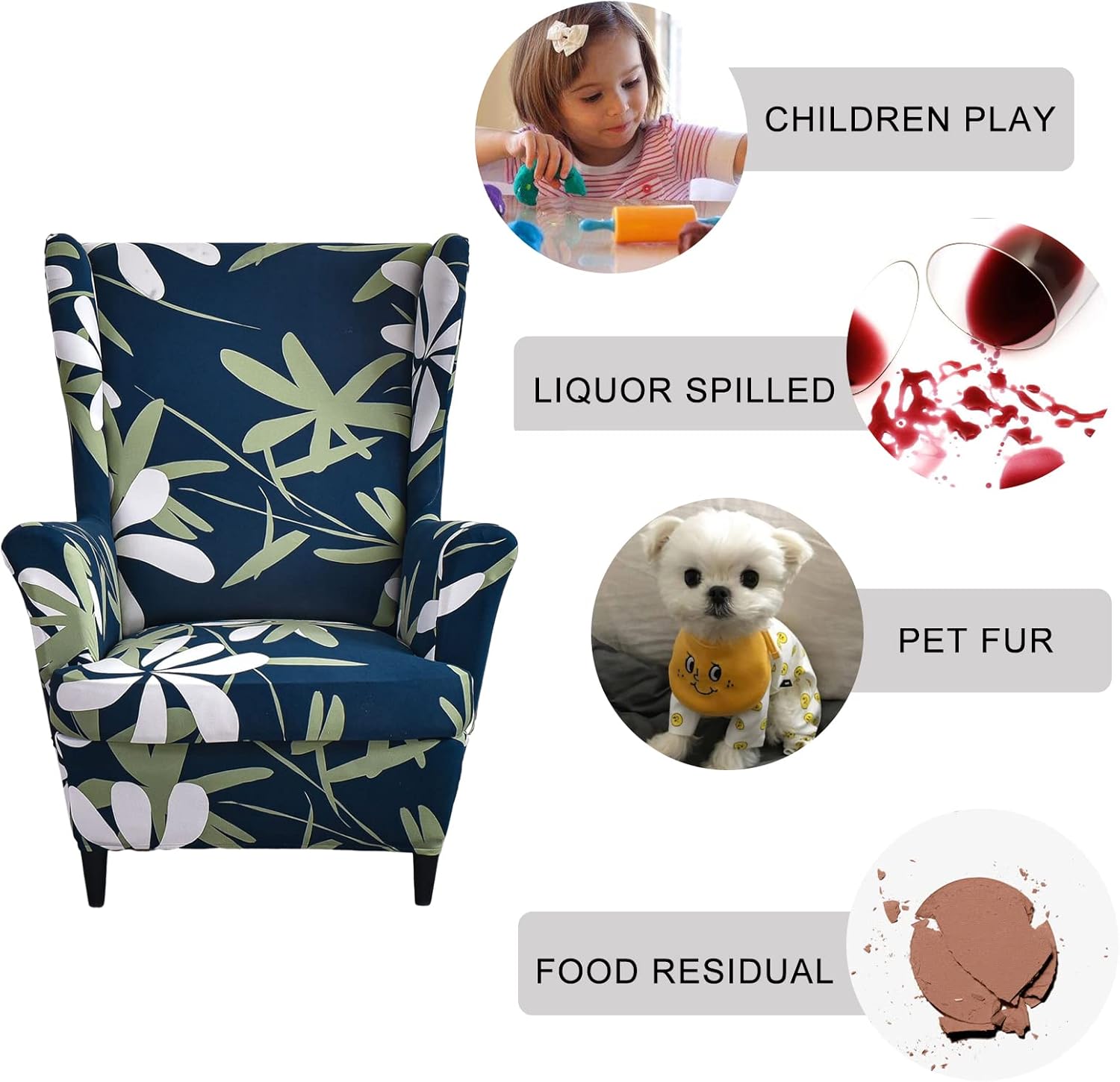 Wingback Chair Slipcover 2-Piece Stretch Wingback Chair Sofa Slipcover Armchair Cover Printed Furniture Protector Couch Soft with Elastic Bottom for Living Room, 02