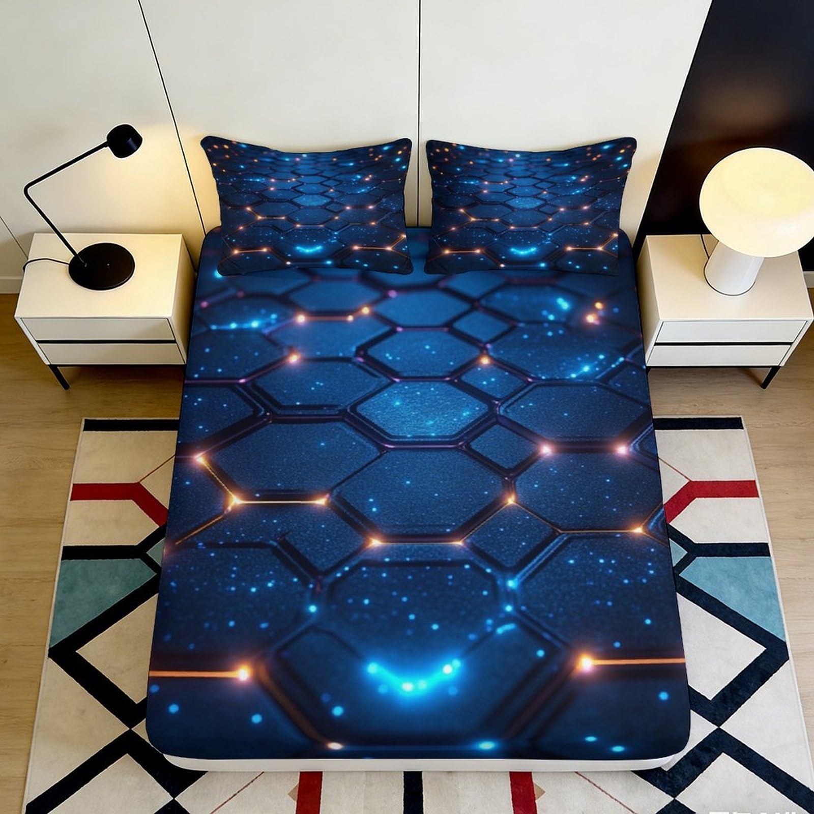 3D Printed Futuristic Hexagon Fitted Sheet Microfiber Deep Blue Neon Circuit Mattress Cover Bedroom Dorm Decor 90x200x25cm