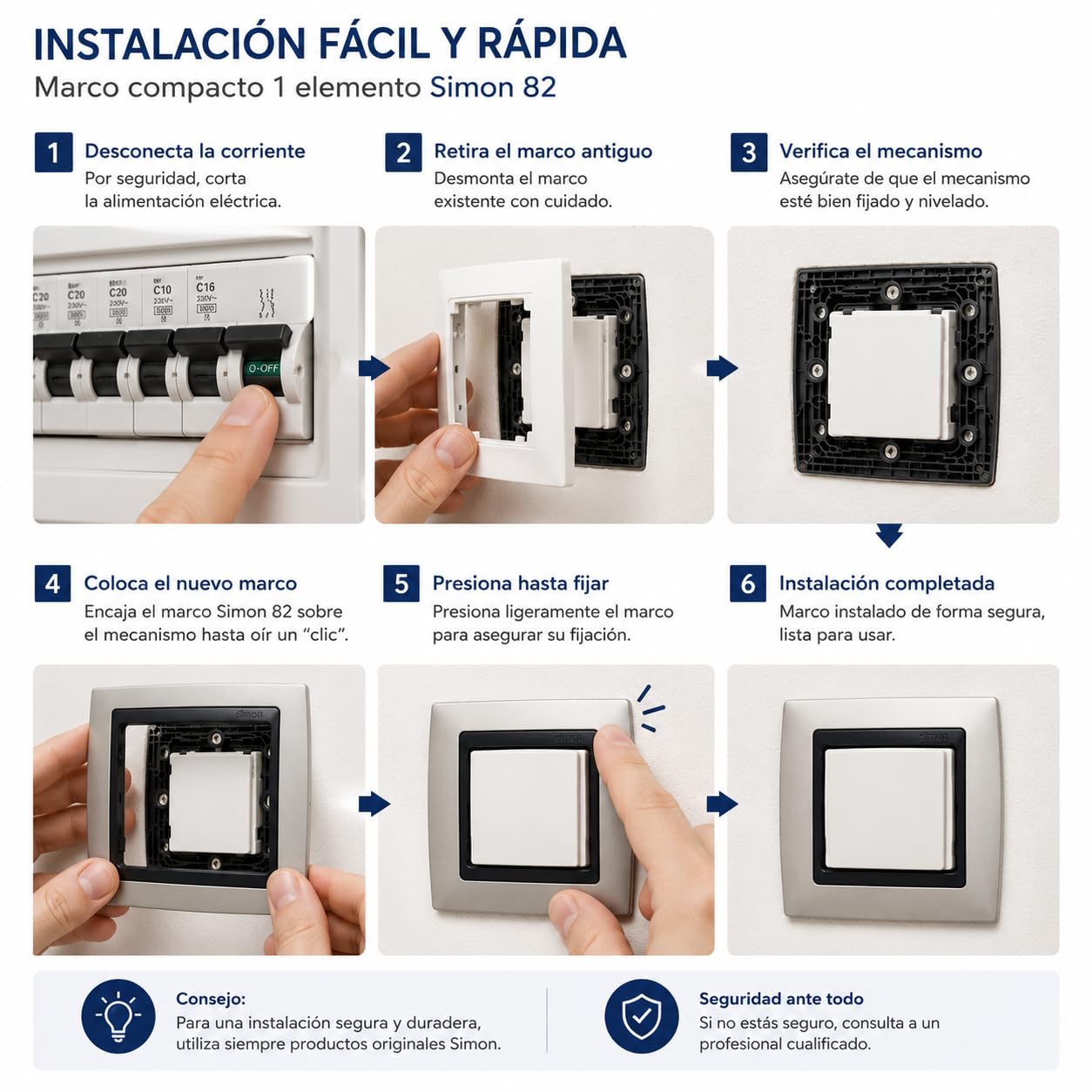 CABLEPELADO Marco compacto para 1 elementos Simon 82 | Marco de 1 elementos y bastidores | ‎82814-33 | Apto para superficie y empotrar | Dimensiones: 89x87 mm | Color Aluminio mate