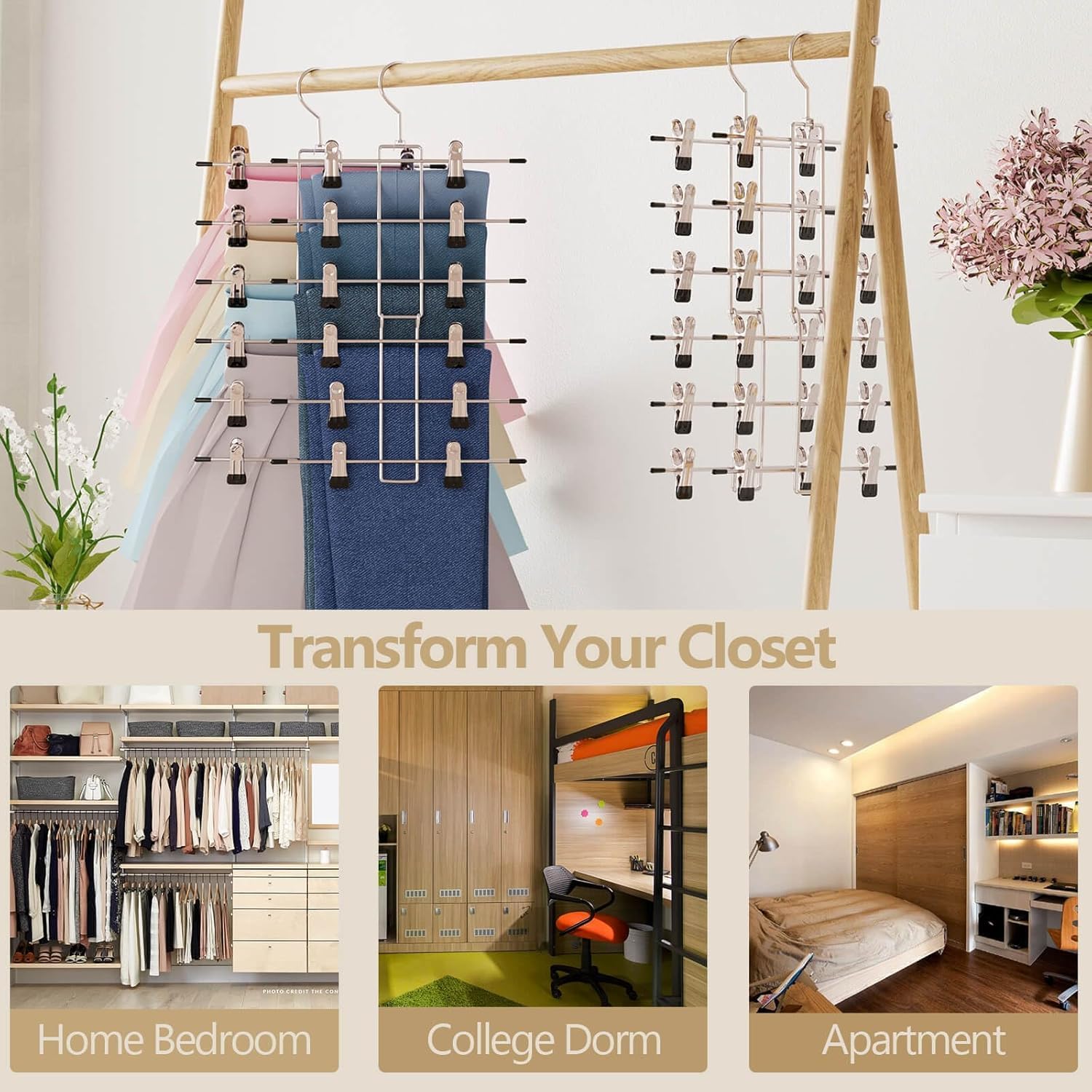 Pants Hangers with Clips,Space Saving Hanging Closet Organizer-6 Tiers Skirt Hangers with 360° Swivel Hook,Closet Organizer-Clothes Hangers- College Dorm Essentials Apartment Essentials-2 Pack - Image 5