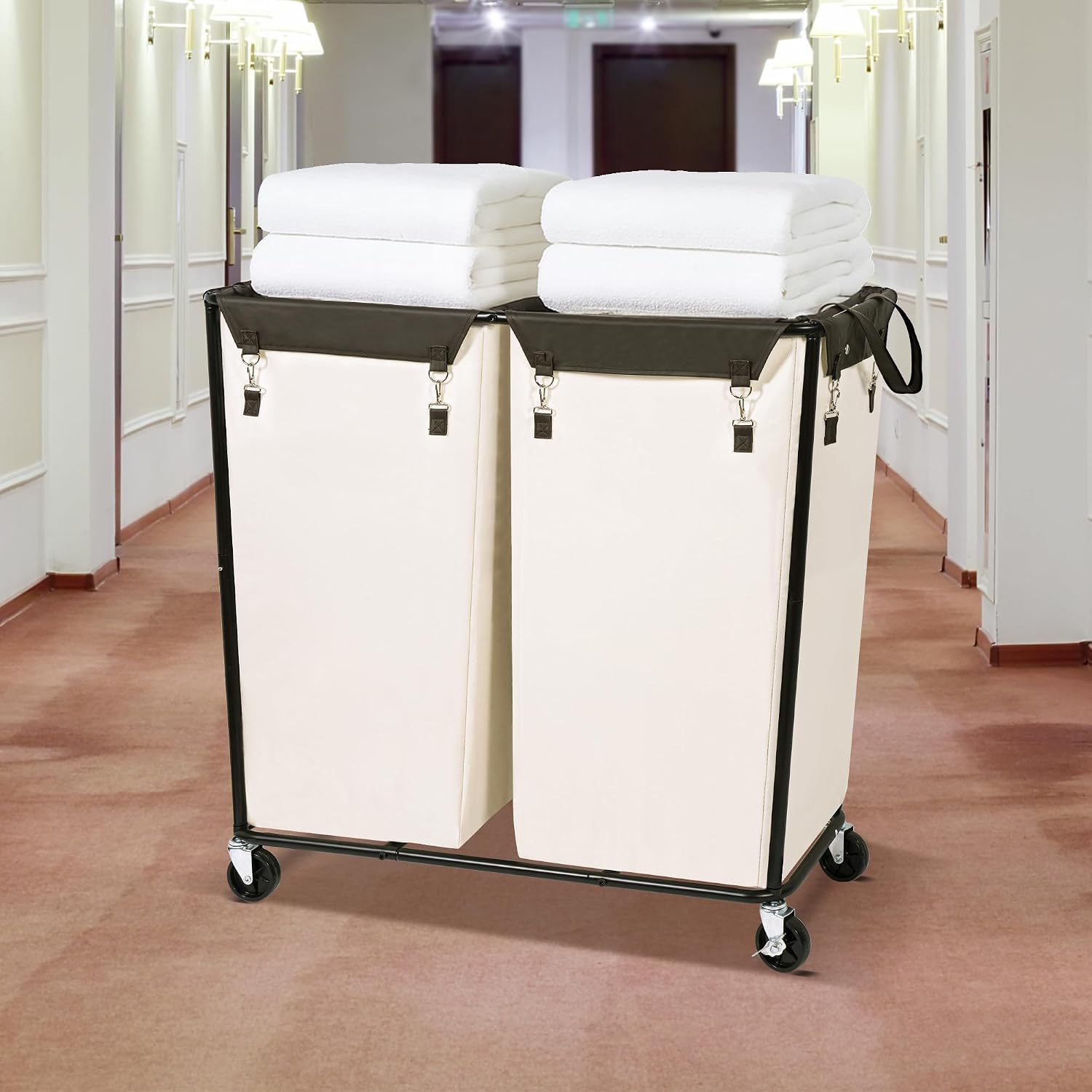 STORAGE MANIAC Commercial Laundry Hamper with Heavy Duty Steel Frame, 74 Gal. Industrial Laundry Basket Cart with Wheels for Hotel, Home, Laundry Room, Big Large Clothes Sorter, 2 Section Beige