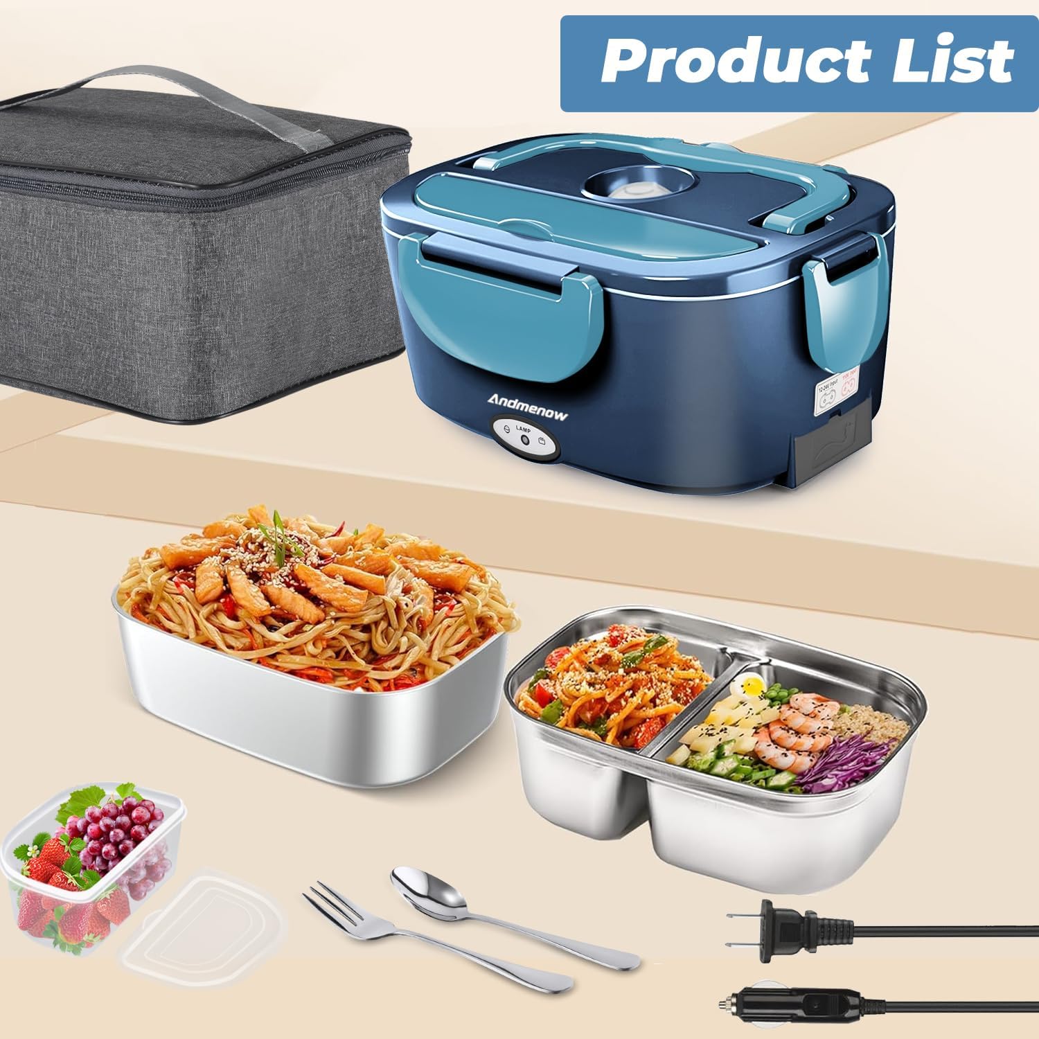 Electric Lunch Box-Portable Food Warmer Heater for Adults, Heated Lunch Box for Travel,On-the-Go,Office,Construction-Cook,Warming Soup & Reheat (GrayBlue*2Container)