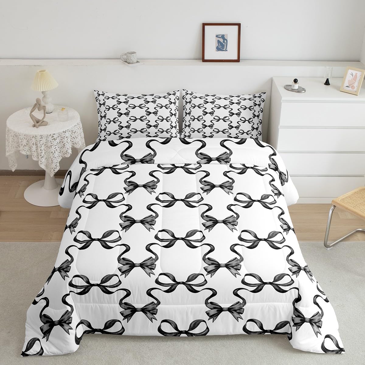 Parure de lit fille aquarelle avec couette en duvet noir et blanc et taie