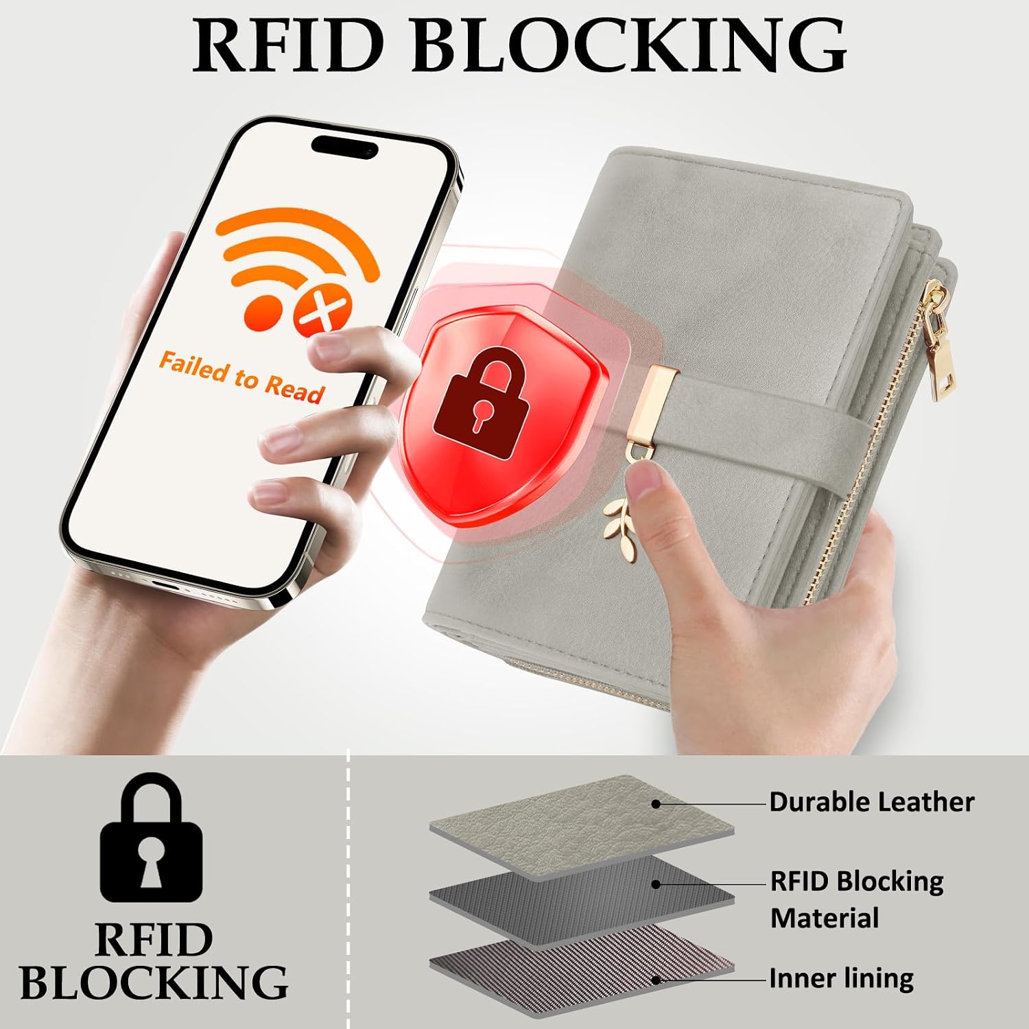 Women Trifold RFID Blocking Wallet, PU Leather Large Capacity Card Holder Ladies Wallet with Clear ID Window for Daily Travel Grey