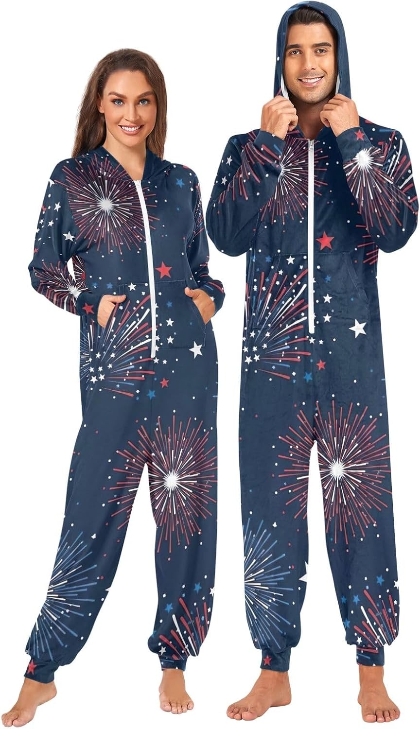 Fireworks Adult Onesie Pajamas, Soft Hooded One Piece Sleepwear with Zipper for Men Women Christmas Loungewear