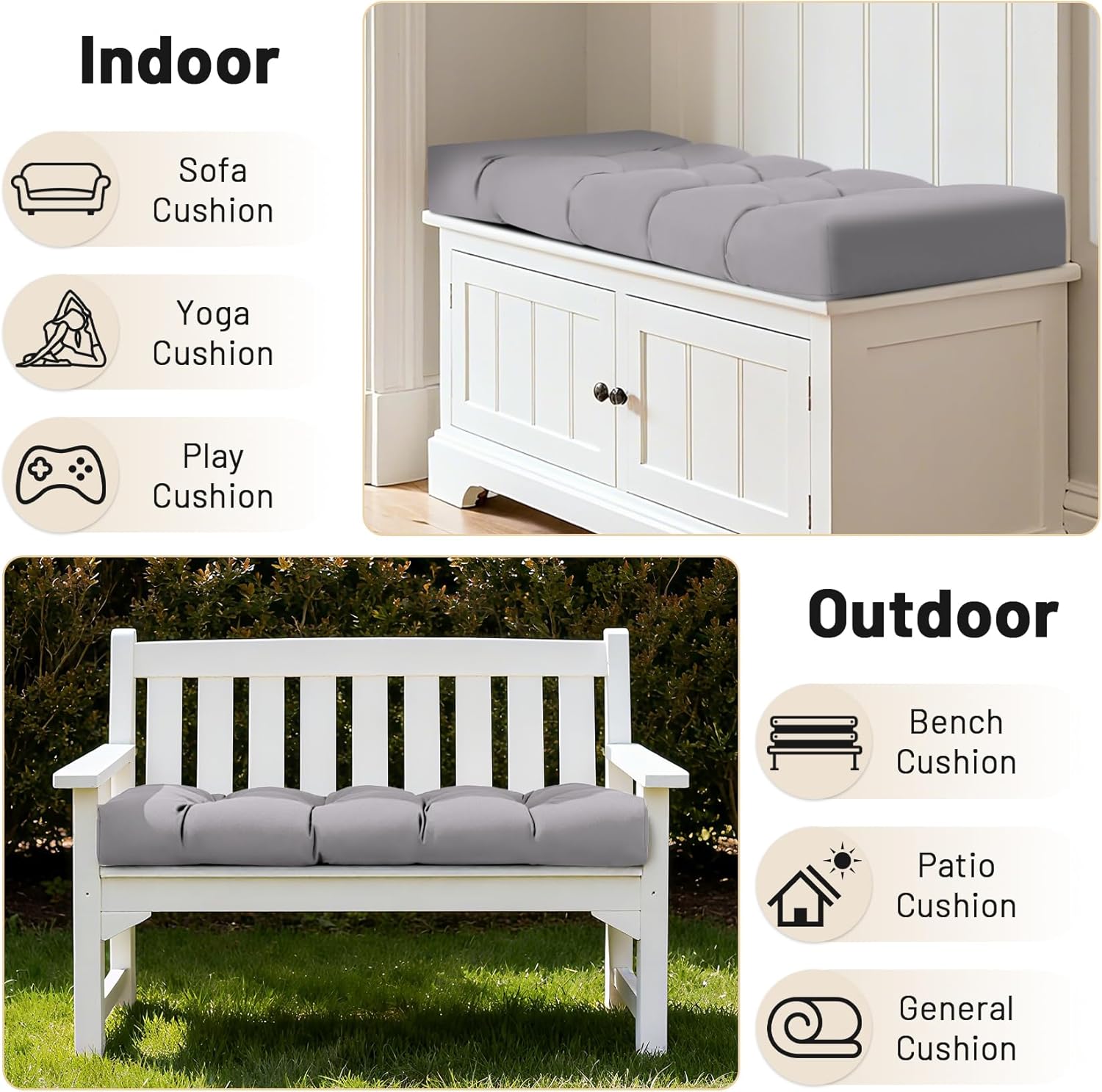 Lokex Outdoor Bench Cushion 4 Inches Thick,Waterproof and Fade Resistant,Tufted Bench Cushion with 2 Ties,Suitable for Garden/Swing/Patio Outdoor Furniture (Silver Gray, 36×14)