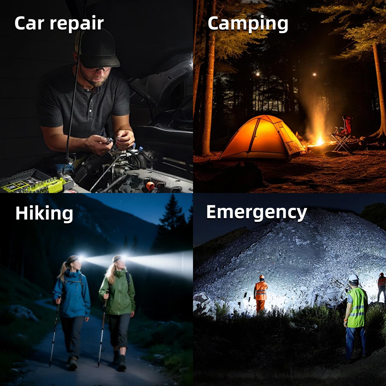Linterna frontal recargable de 2600 mAh, luz de casco duro, linterna LED de frente de 1800 lúmenes, zoom ajustable, IPX4 impermeable para camping, correr, trabajo, senderismo, pesca