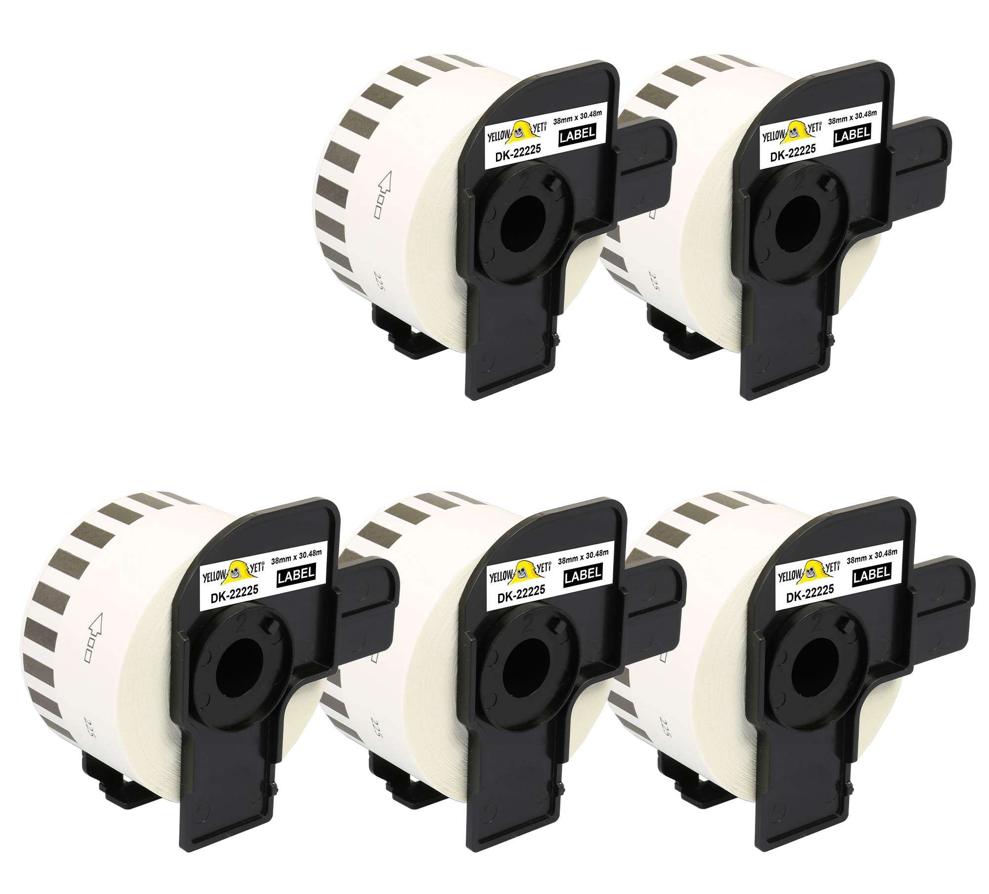Yellow Yeti 5 Rolls DK-22225 38mm x 30.48m Continuous Paper Label Tapes Compatible with Brother P-Touch QL-500 QL-550 QL-570 QL-700 QL-710W QL-720NW QL-800 QL-810W QL-820NWB QL-1100 QL-1110NWB