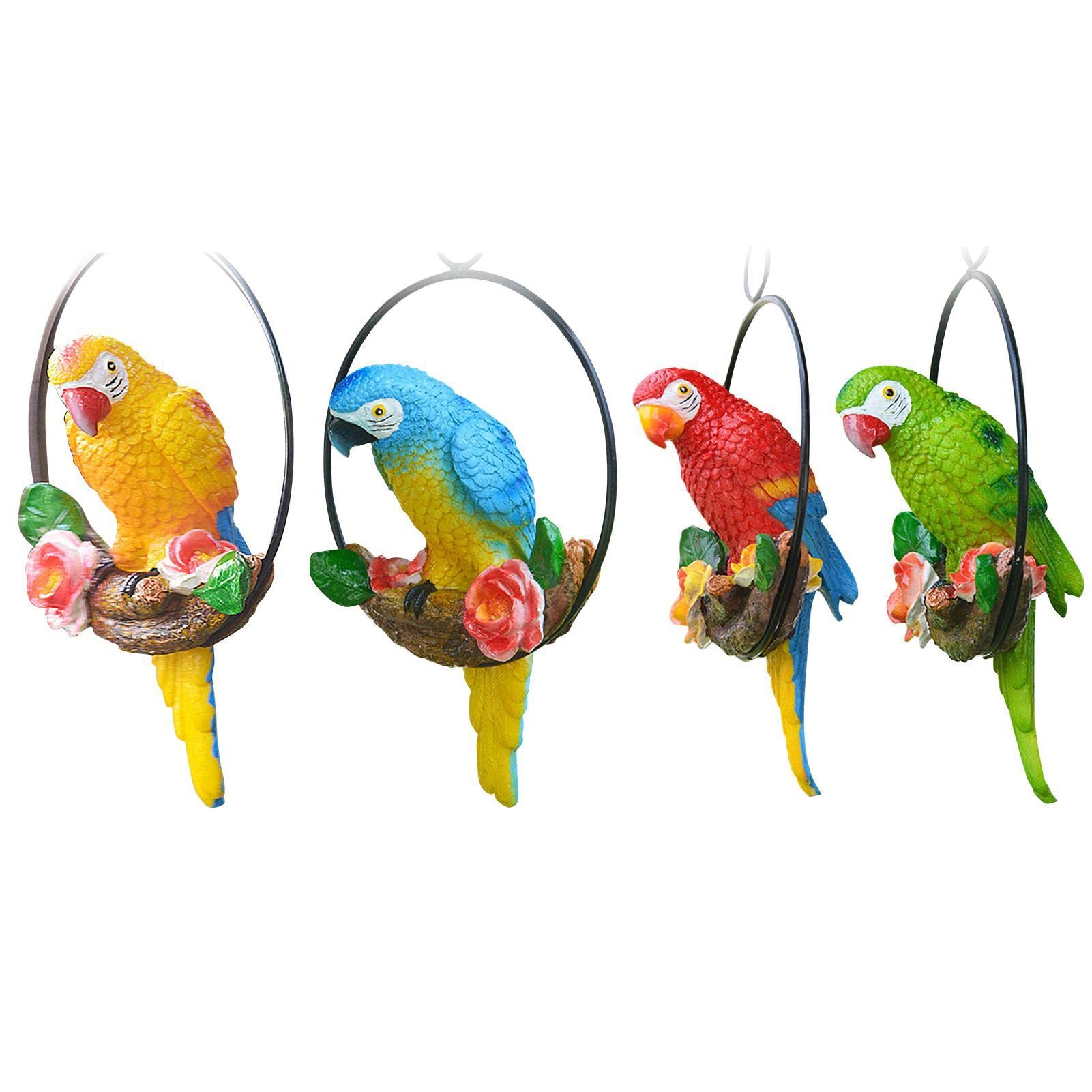 4 x Garden Hanging Parrot Ornaments, Parrot Figure Resin Decoration, Parrot Sits a Branch in a Metal Ring Statue, Realistic Bird Macaw Parrot Sculpture for Patio Garden Tree Decoration