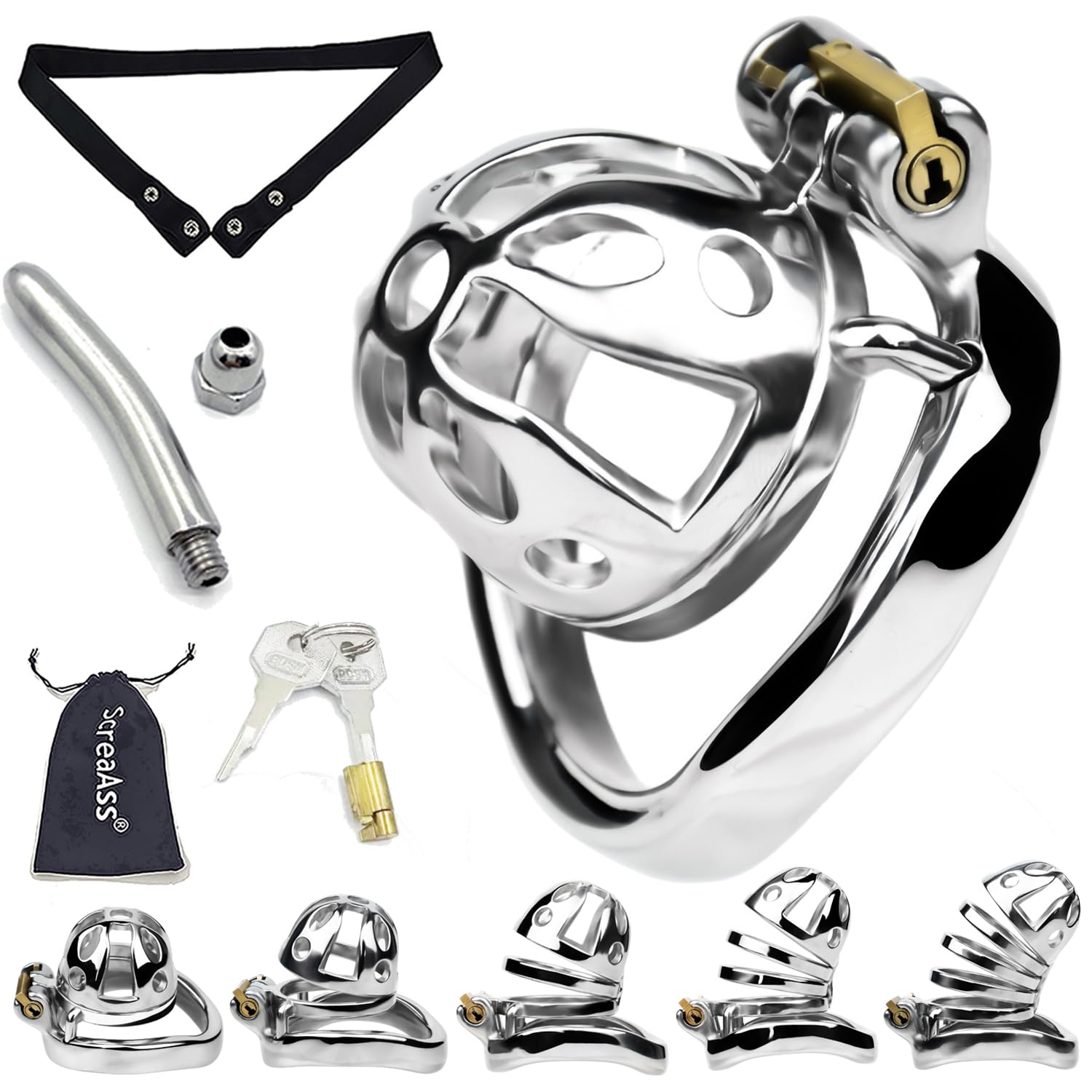 5 Größen Edelstahl Peniskäfig Keuschheitsgürtel Herren Mit Gebogener Harnröhren Dilatator Und Gürtel, SM Klein/Groß Cock Cage Extrem Bondage Keuschheit Sex Spielzeug Für Männer,Bogen/xs,40mm