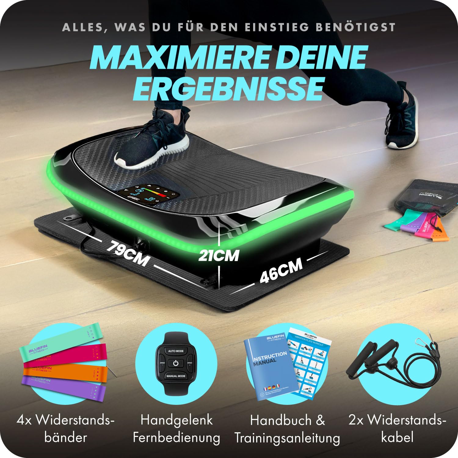 Bluefin® 4D-Vibrationsplatte-Trainingsgerät zum Abnehmen, für die Muskelregeneration und Lymphdrainage, 3 Motoren mit Widerstandsbändern & Zugseilen für EIN effektives Ganzkörpertraining