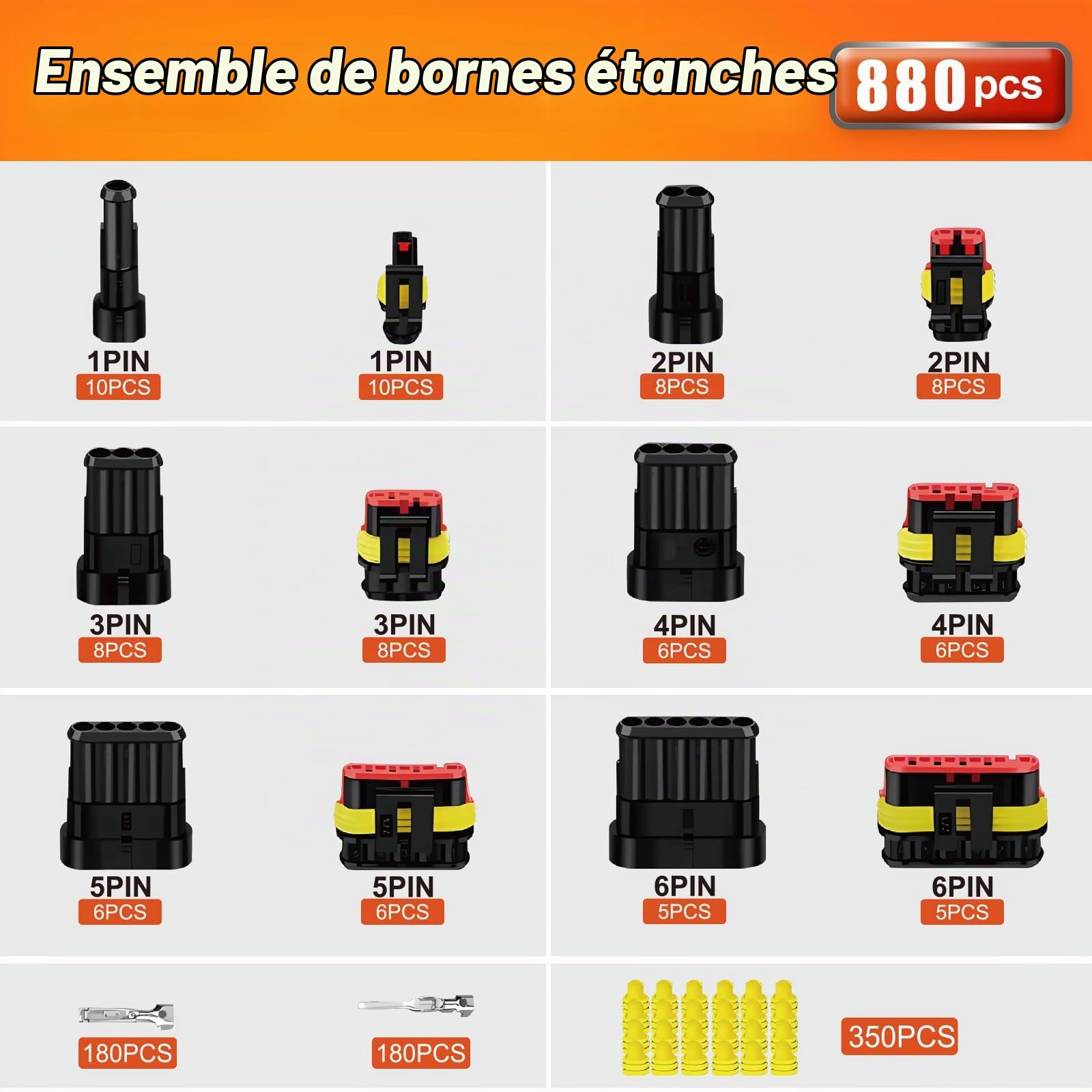 Preciva Pince à Sertir 1-2,5 mm² (AWG 18-14) avec 880 Pièces Connecteur Automobile Kit,de Connecteurs Électriques Étanches IP67, Prises 1/2/3/4/5/6 Broches pour Voiture, Moto, Bateau, Camion,Etc