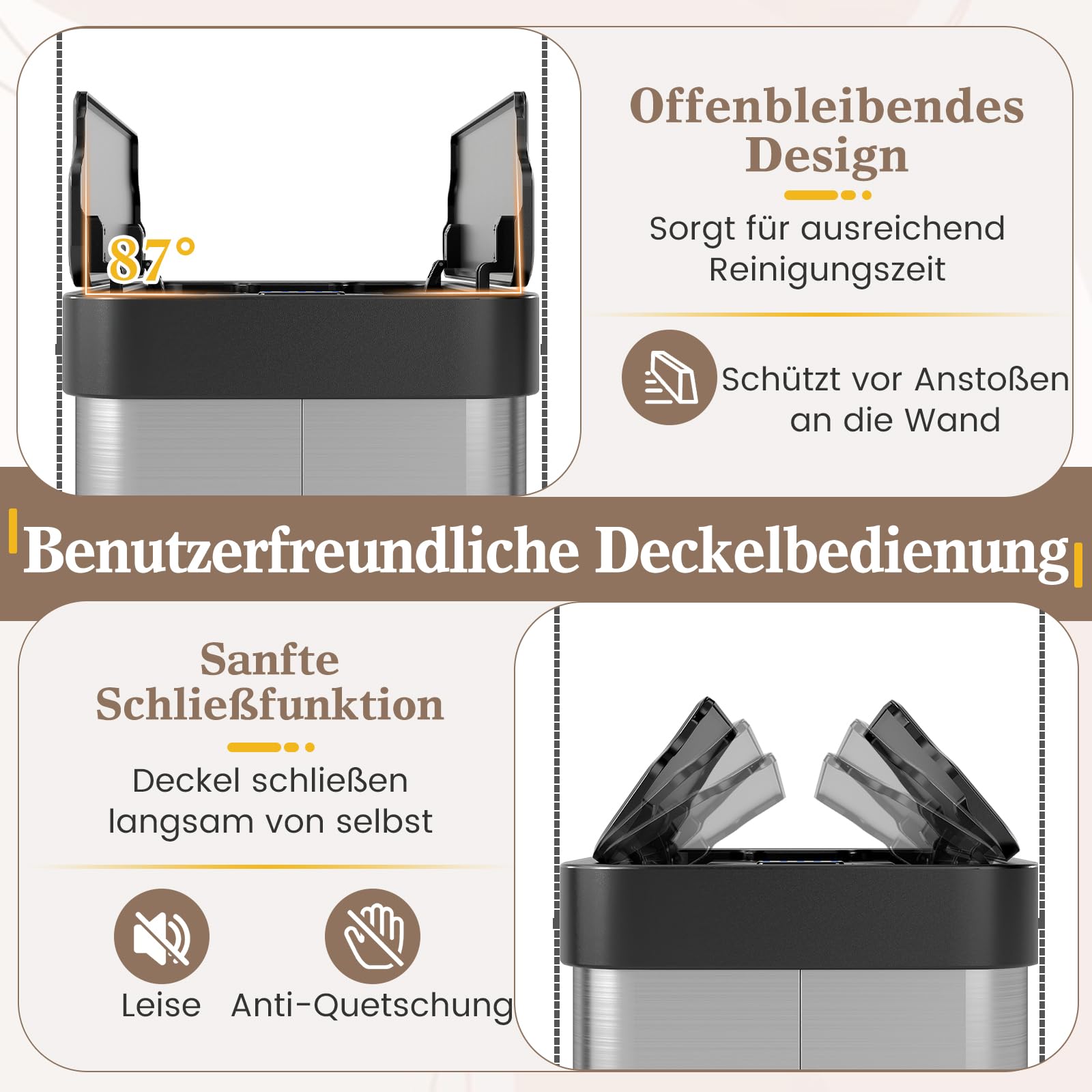 COSTWAY Mülleimer Küche, 60 L Abfalleimer aus Edelstahl mit Sensor, Flügelklappen und Handschuhe, schlanker Küchenabfalleimer automatisch für für Küche, Bad, Schlafzimmer (Silber)