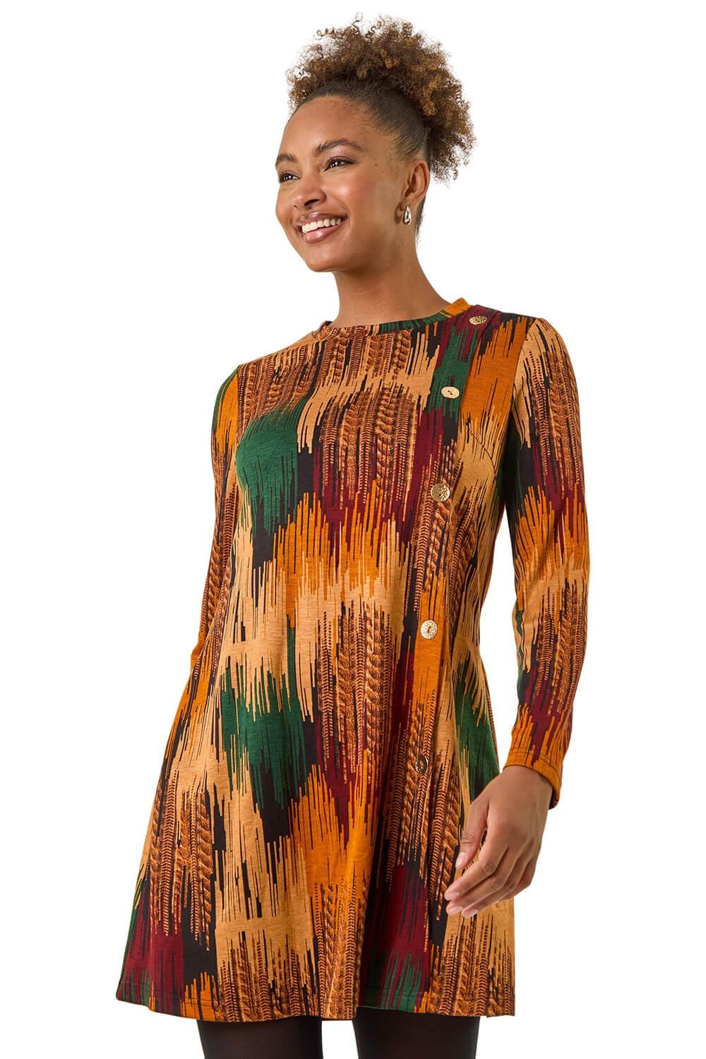 Roman Women's Copper Abstract Side Buttoned Dress In | : Size 16