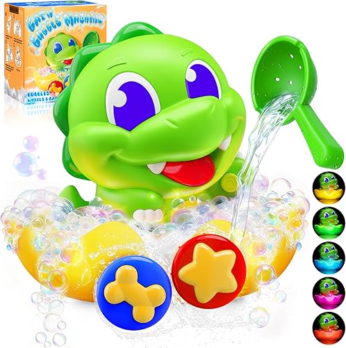 Juguetes de baño de dinosaurio para bebés de 1, 2 y 3 años, máquina de burbujas de baño de dinosaurio con luces arcoíris y cuchara de agua,