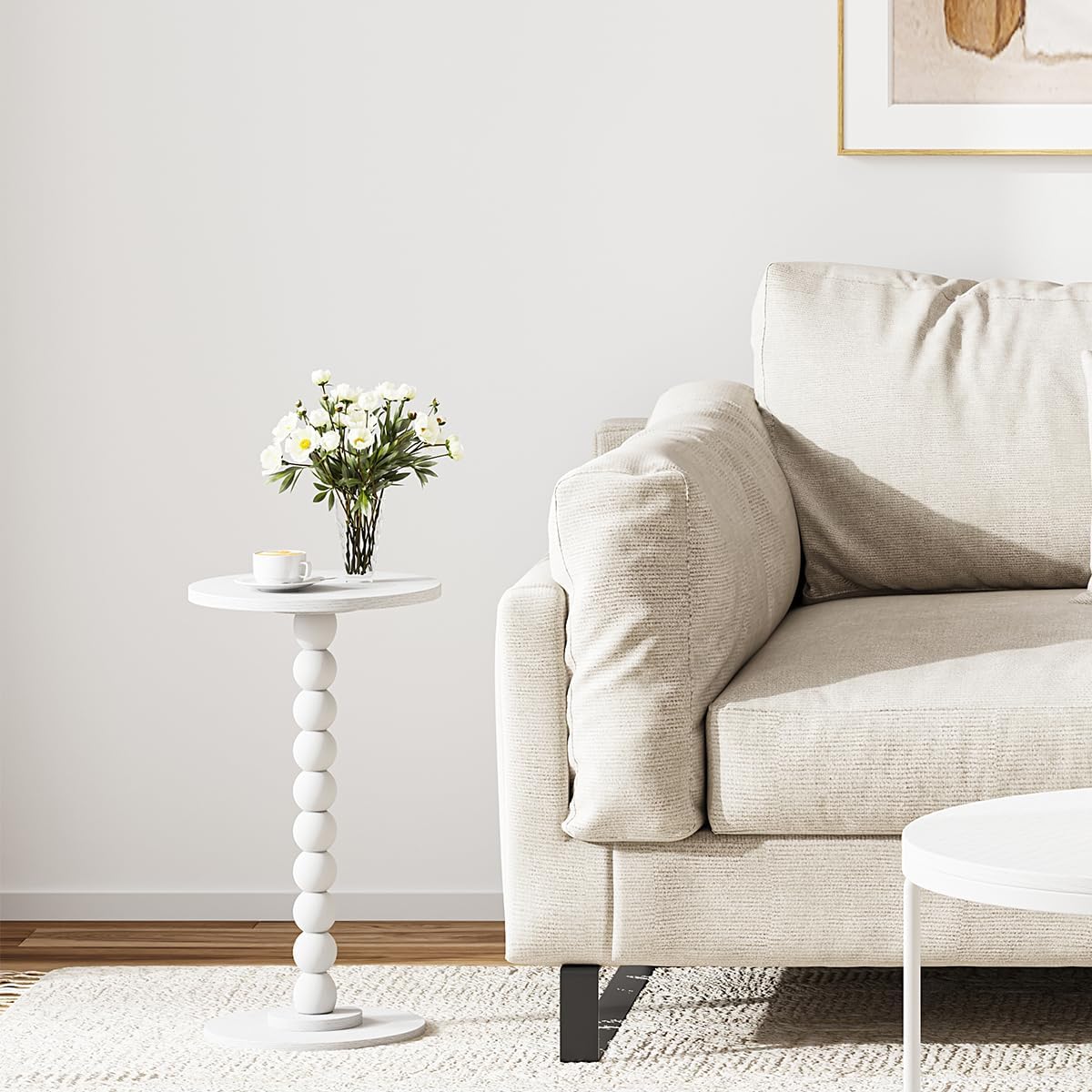 Small Round Side Table, Drink Table for Small Spaces, Pedestal End Table for Living Room, Modern Accent Nightstand with Solid Wood Leg for Bedroom, Corners and Office White Color UTBT005W
