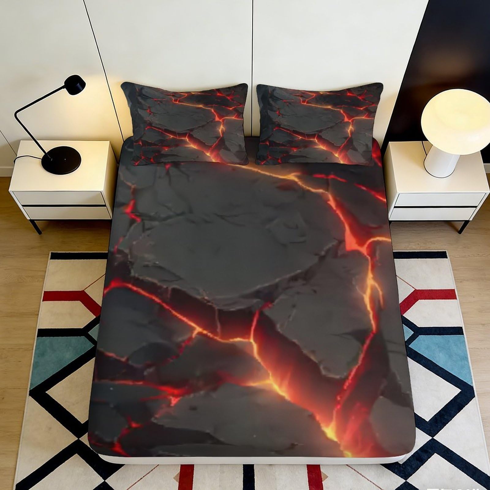 3D Printed Lava Cracked Rock Fitted Sheet Microfiber Black Orange Volcano Mattress Cover for Bedroom Guest Room Decor 90x200x25cm