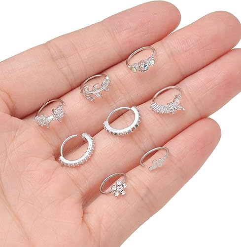 Miniatura 5 de Akeoqi 29 aros de nariz de 0.71 oz, aros de nariz de acero inoxidable, forma de tornillo de hueso en L, circonita cúbica, mariposa, serpiente,