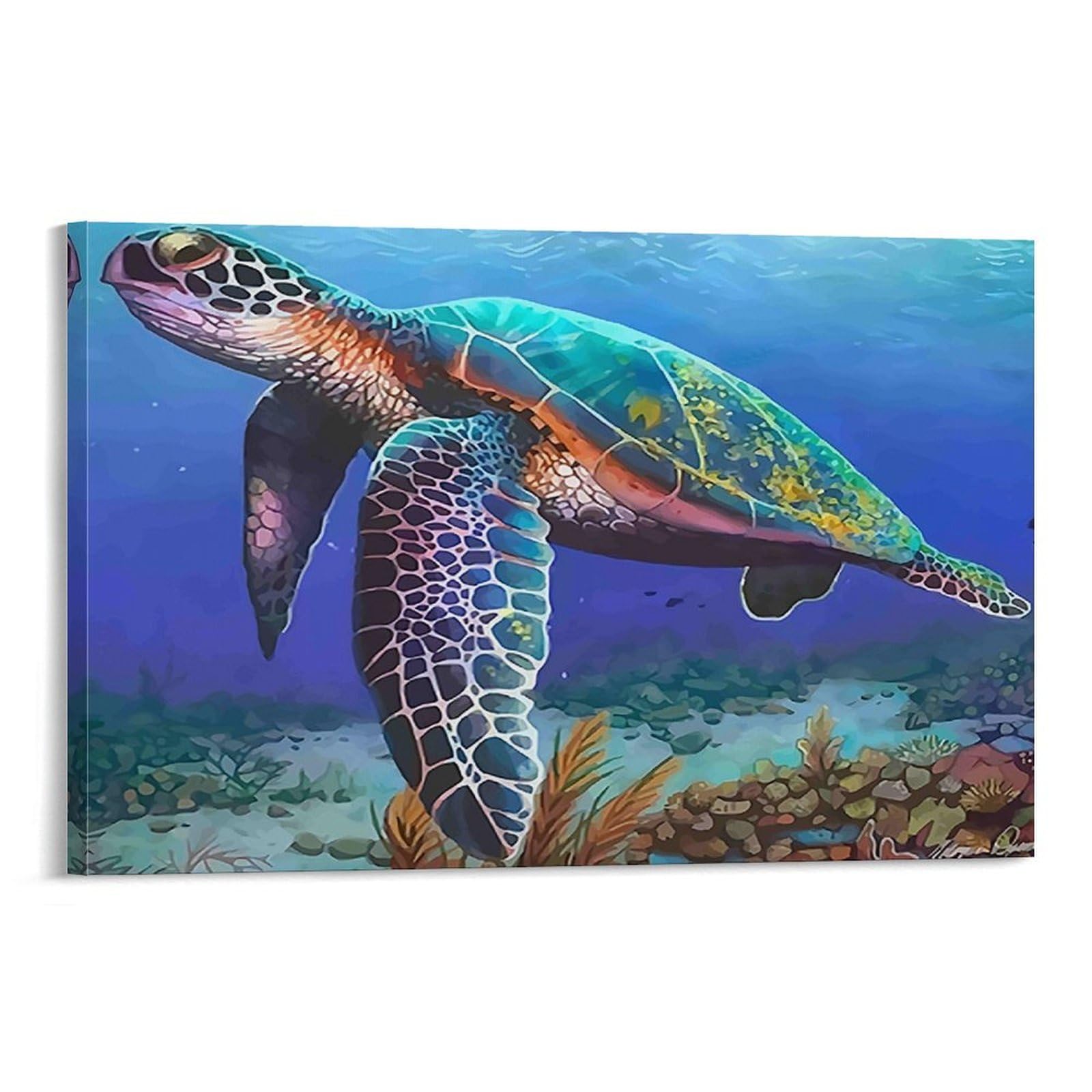 CPLVKWRQJ Sea Turtle Swimming 1 Piece Vibrant Sea Turtle Swimming over Coral Reef Canvas Art Decor - Bedroom Nursery Wall Hanging Space Saving Ready to Hang 20x30inch(50x75cm)