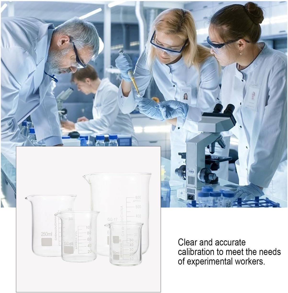 Cabilock 4pcs Glass Beakers Measuring Cups Heat Resistant Accurate Scale Laboratory Glassware for Lab Household Baking