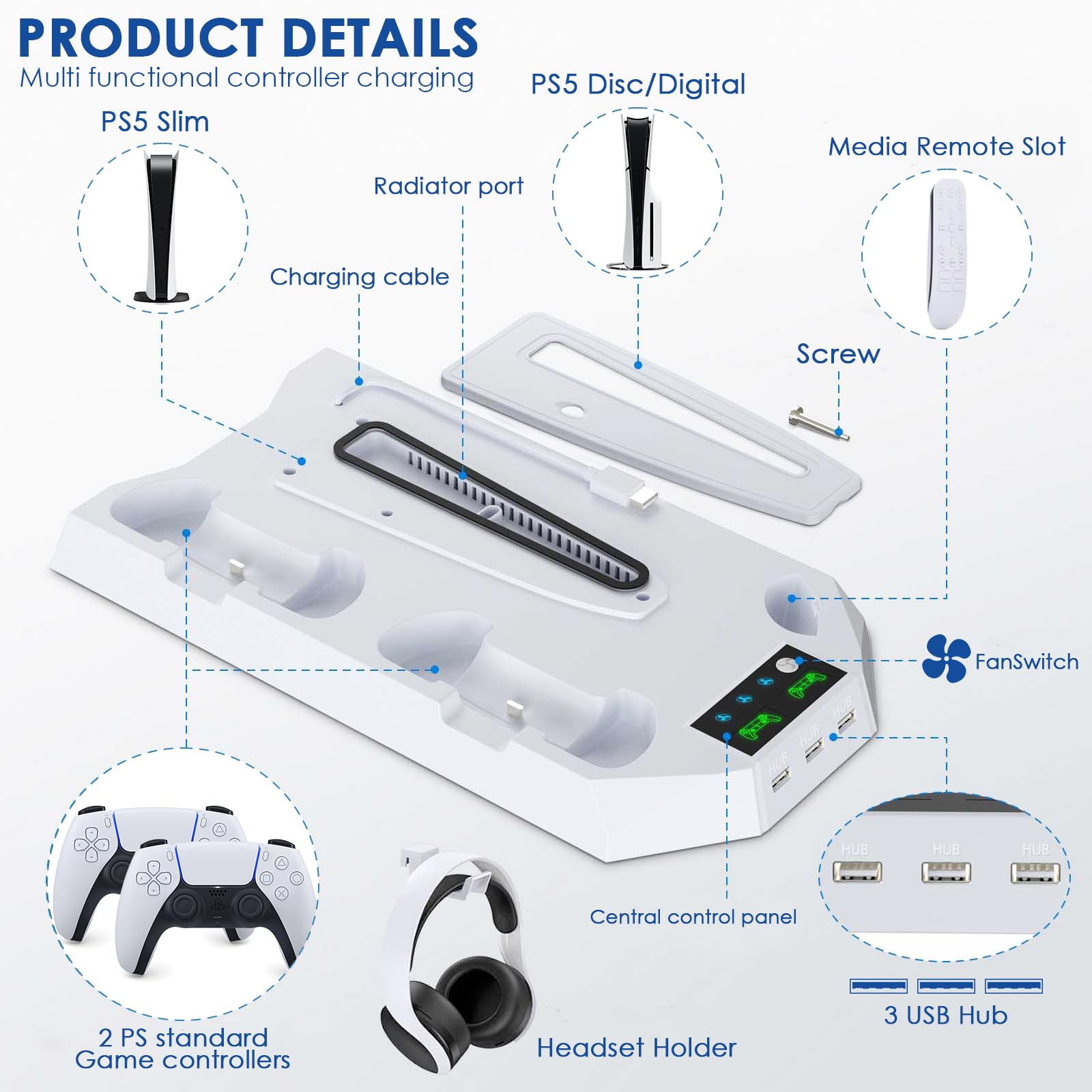 PS5 Ständer Multifunktions-Ständer mit 3 USB-Anschlüssen & Kühlfunktion – Vertikale Ladestation für 2 Controller + Headset-Halterung, Kompatibel mit Allen Modellen (Slim/Digital/Pro)