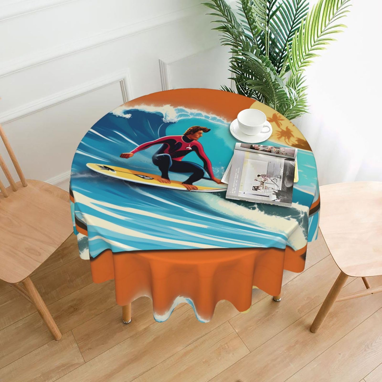 Nbtghga Hawaiian Surfer On Wavy Print Print Tablecloth Round Border Table Cloth Cover Decorative For Party Holiday Dinning Tabletop Home