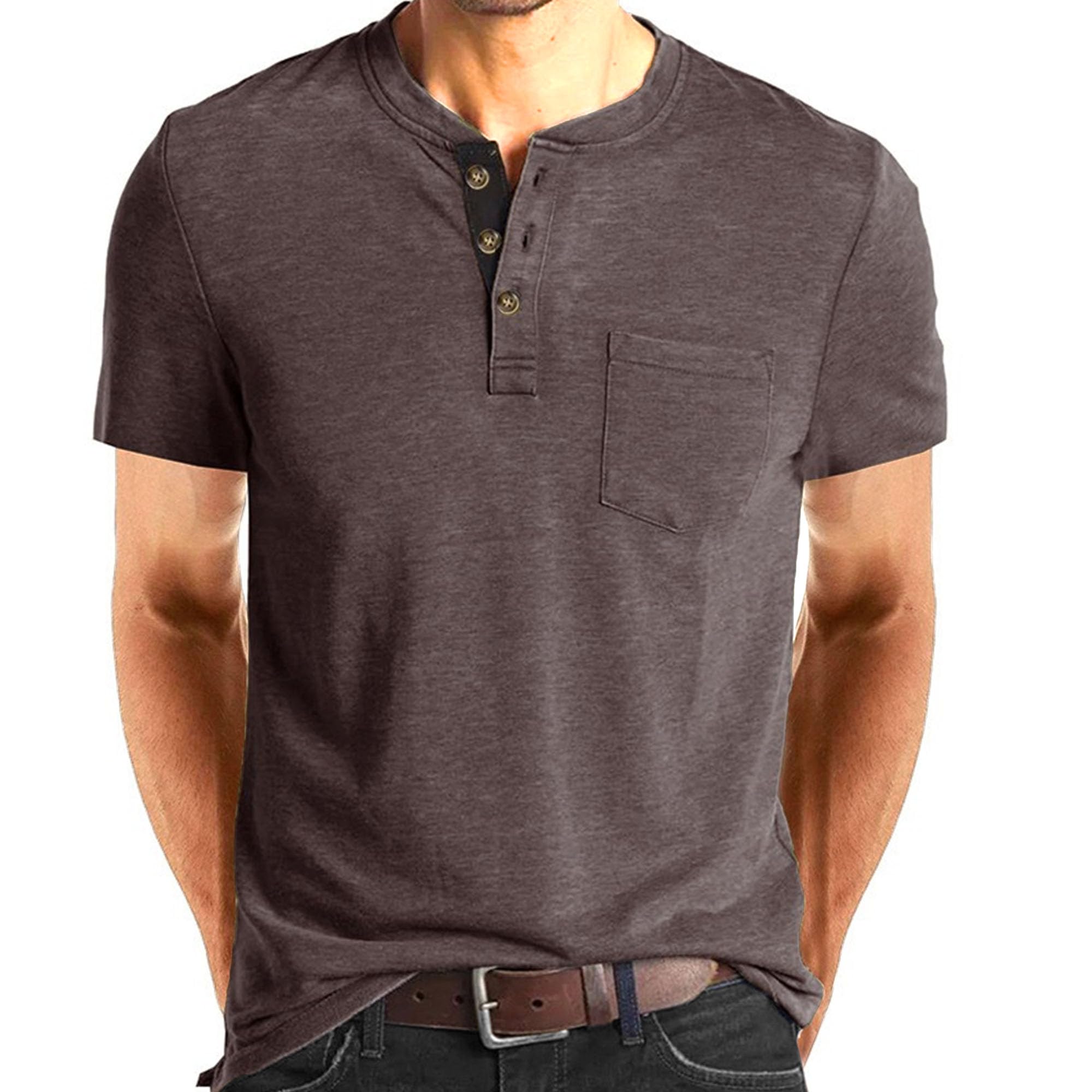 Zylphorix Men Breathable Thin Round Neck Polo Shirts Quarter Button Chest Pocket Henry T-Shirt Summer Casual Outdoor Pullover (Coffee,Large)